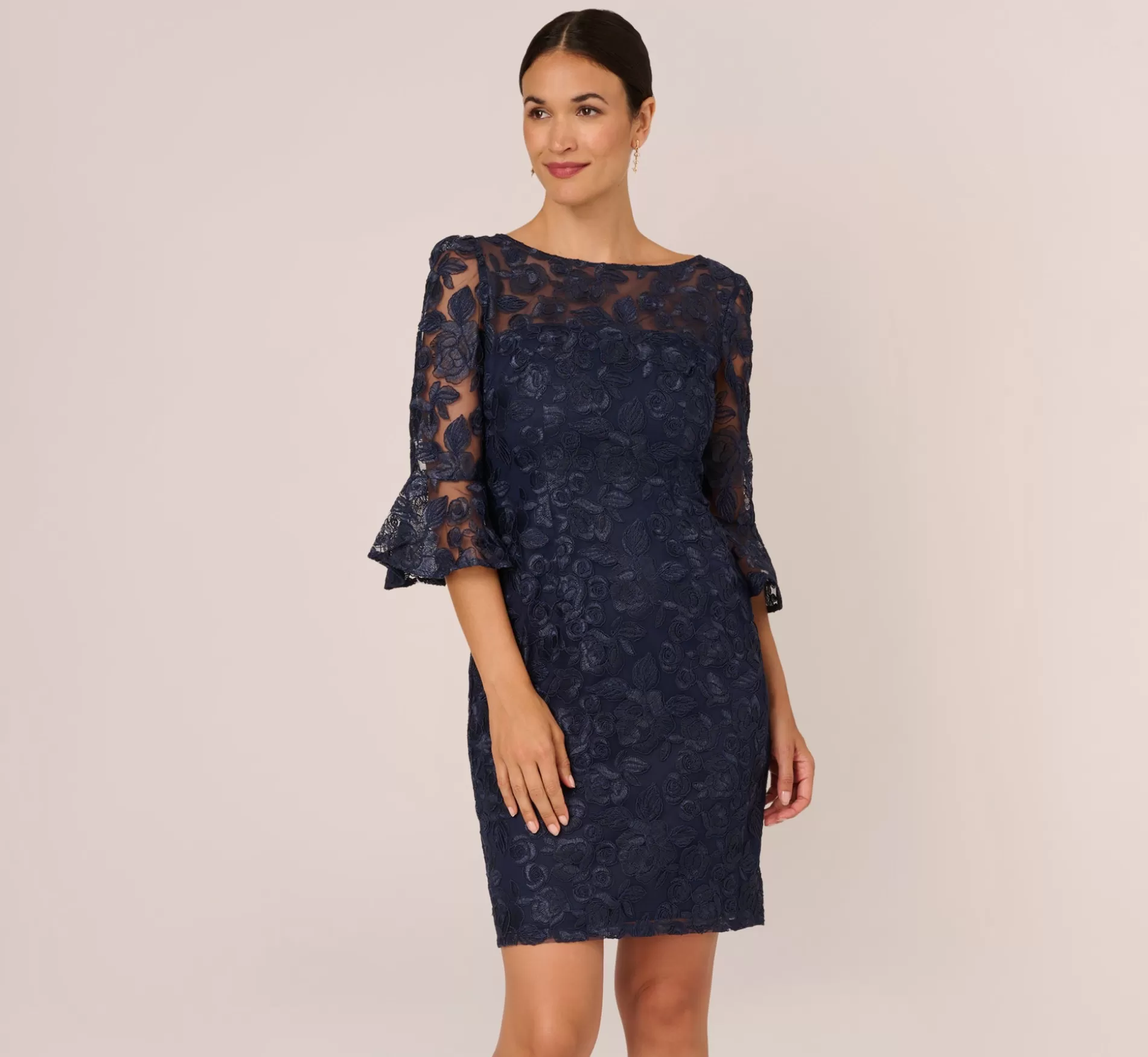 Cheap Bell Sleeve Rose Embroidered Sheath Dress In Midnight Floral | Floral