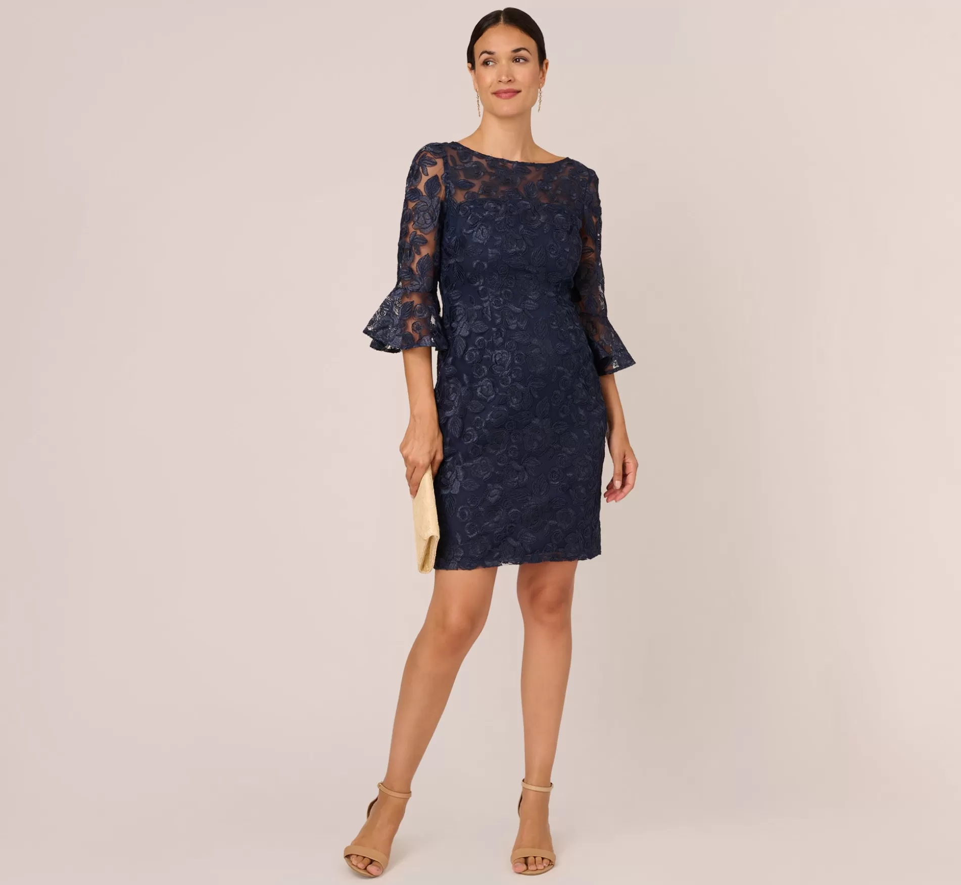 Cheap Bell Sleeve Rose Embroidered Sheath Dress In Midnight Floral | Floral