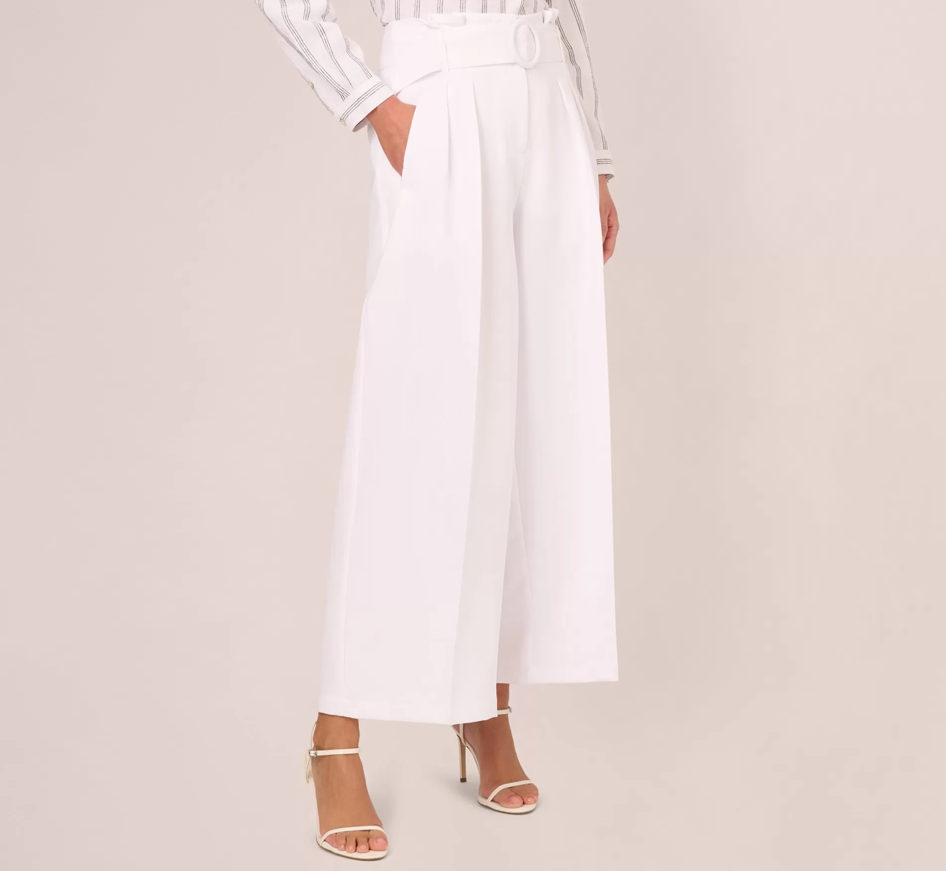 Discount Belted Wide Leg Pants With Pockets In White Formal