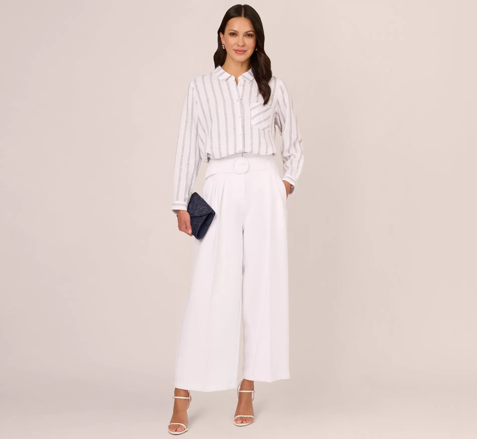 Discount Belted Wide Leg Pants With Pockets In White Formal