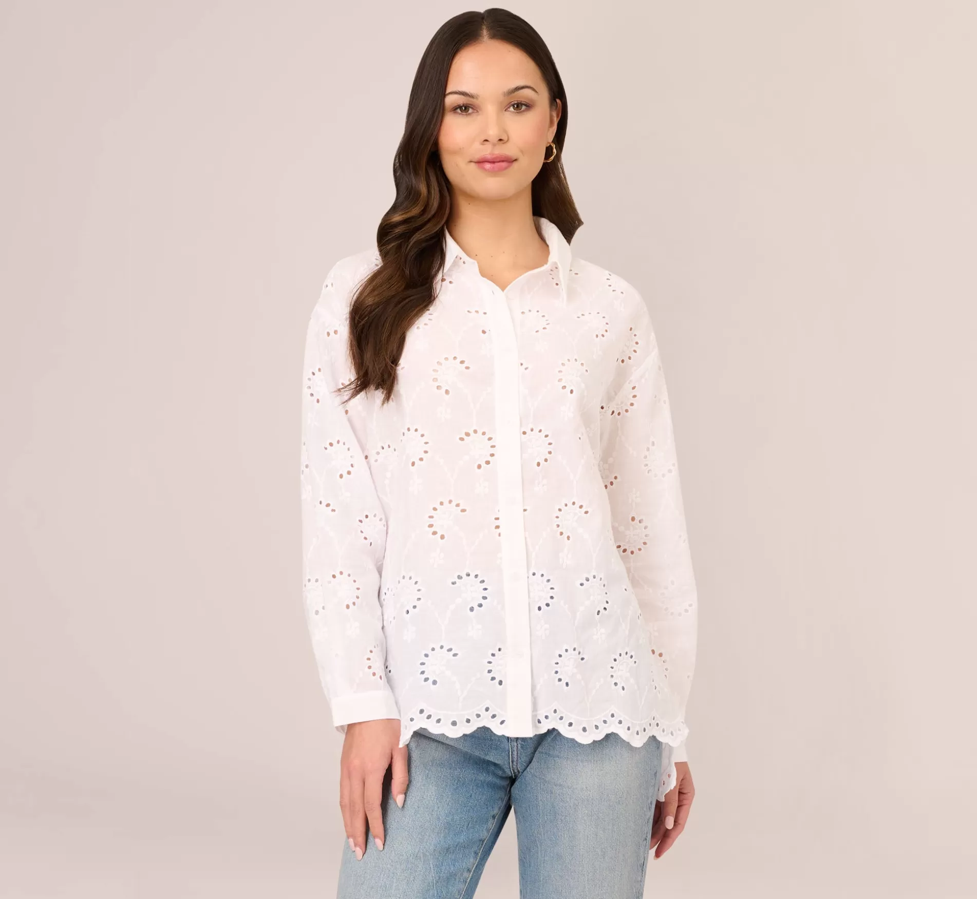 Outlet Button Down Eyelet Top With Long Sleeves In White Formal