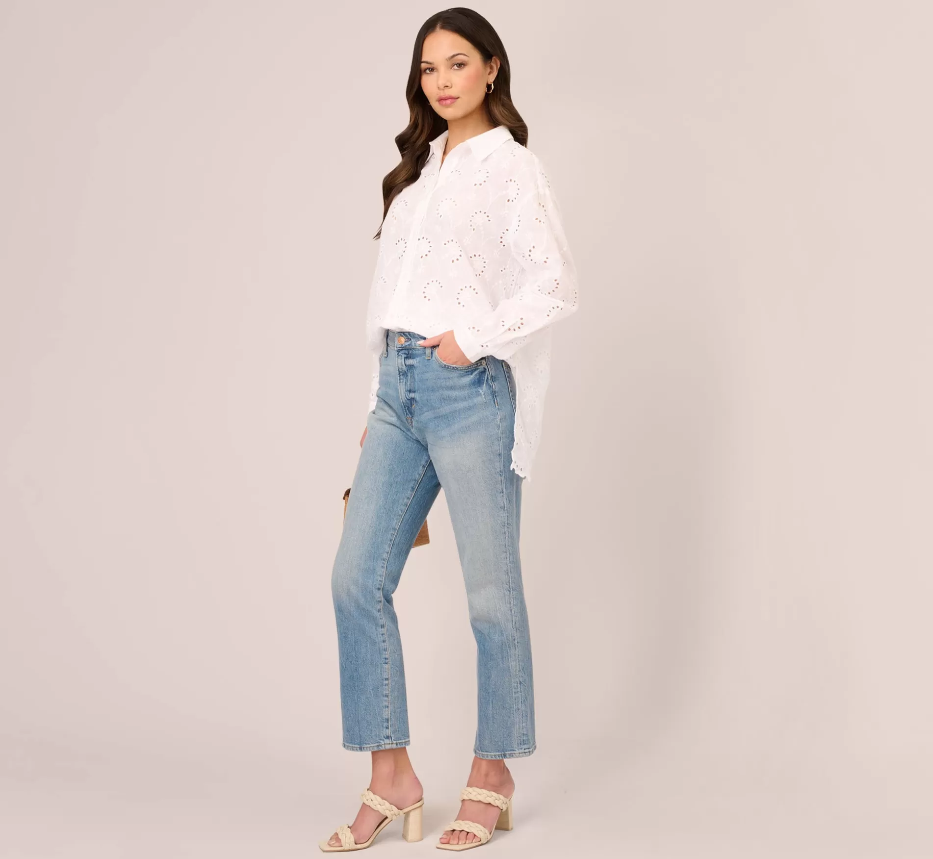 Outlet Button Down Eyelet Top With Long Sleeves In White Formal