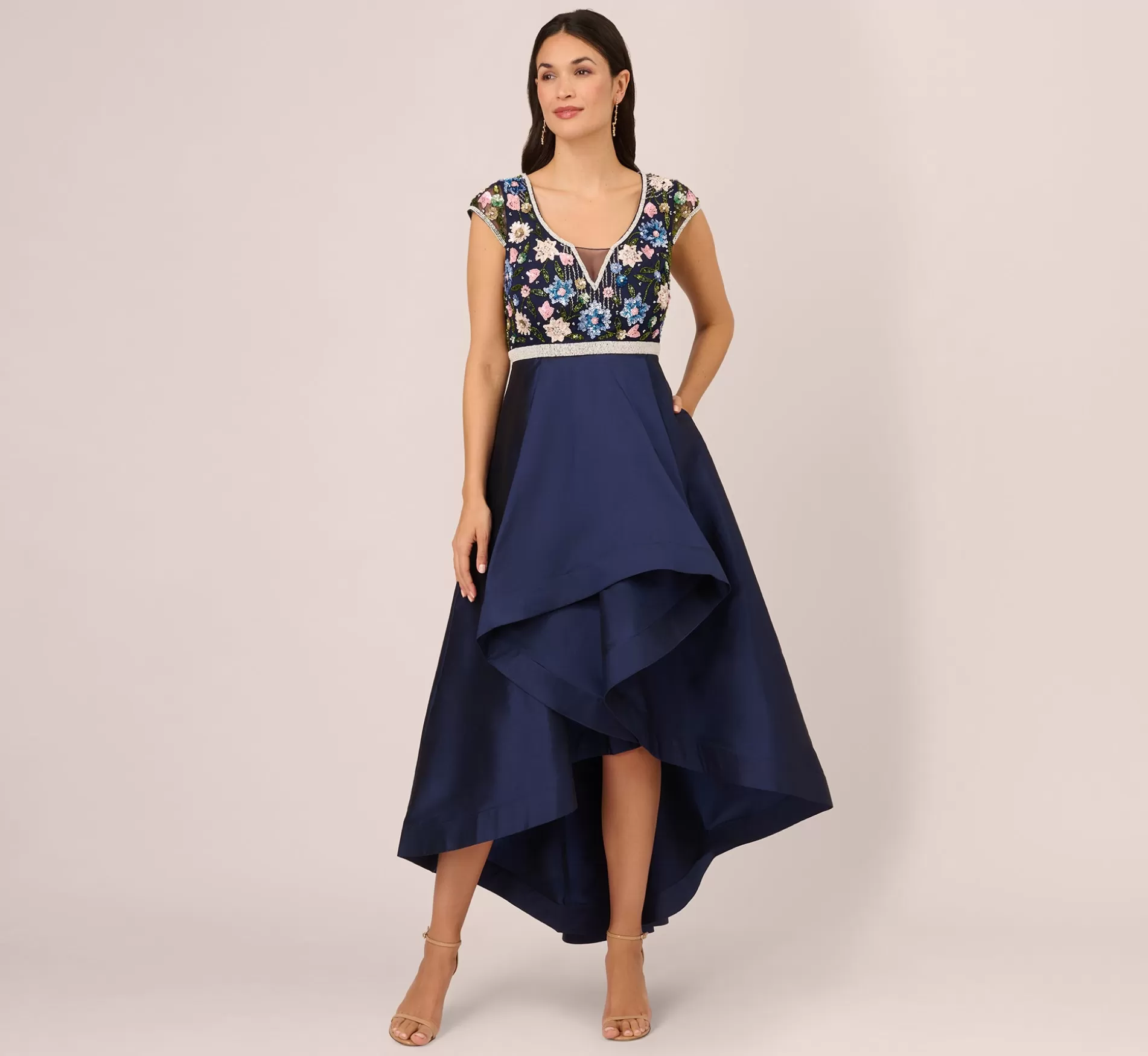 New Cap Sleeve Beaded Gown With Taffeta High Low Skirt In Light Navy Beaded | Black Tie