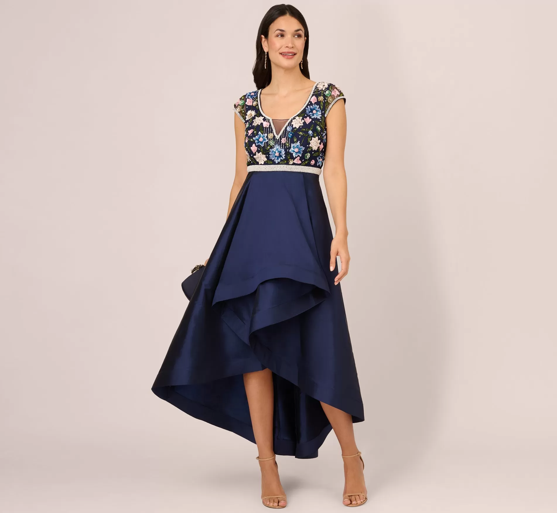 New Cap Sleeve Beaded Gown With Taffeta High Low Skirt In Light Navy Beaded | Black Tie