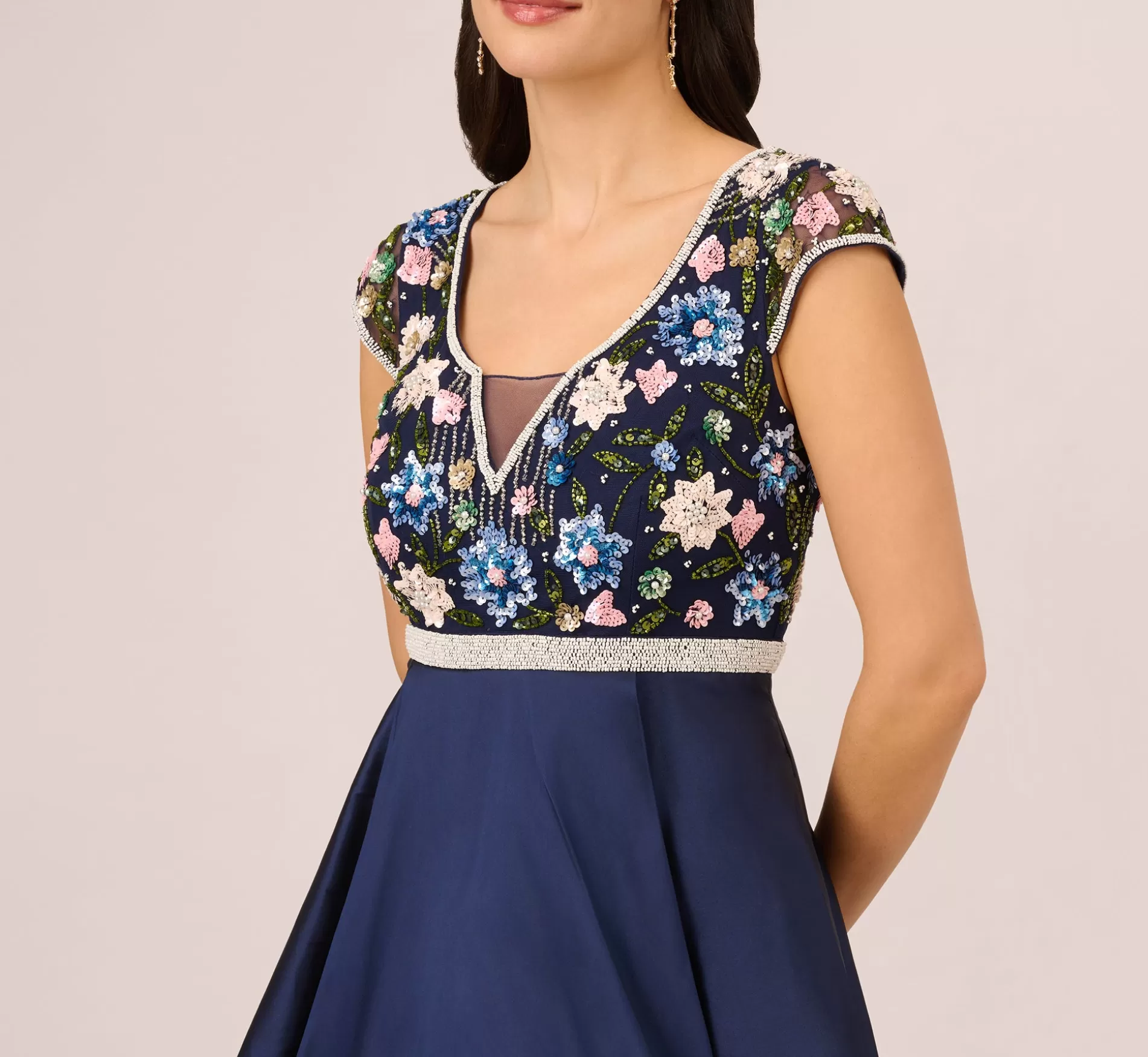 New Cap Sleeve Beaded Gown With Taffeta High Low Skirt In Light Navy Beaded | Black Tie