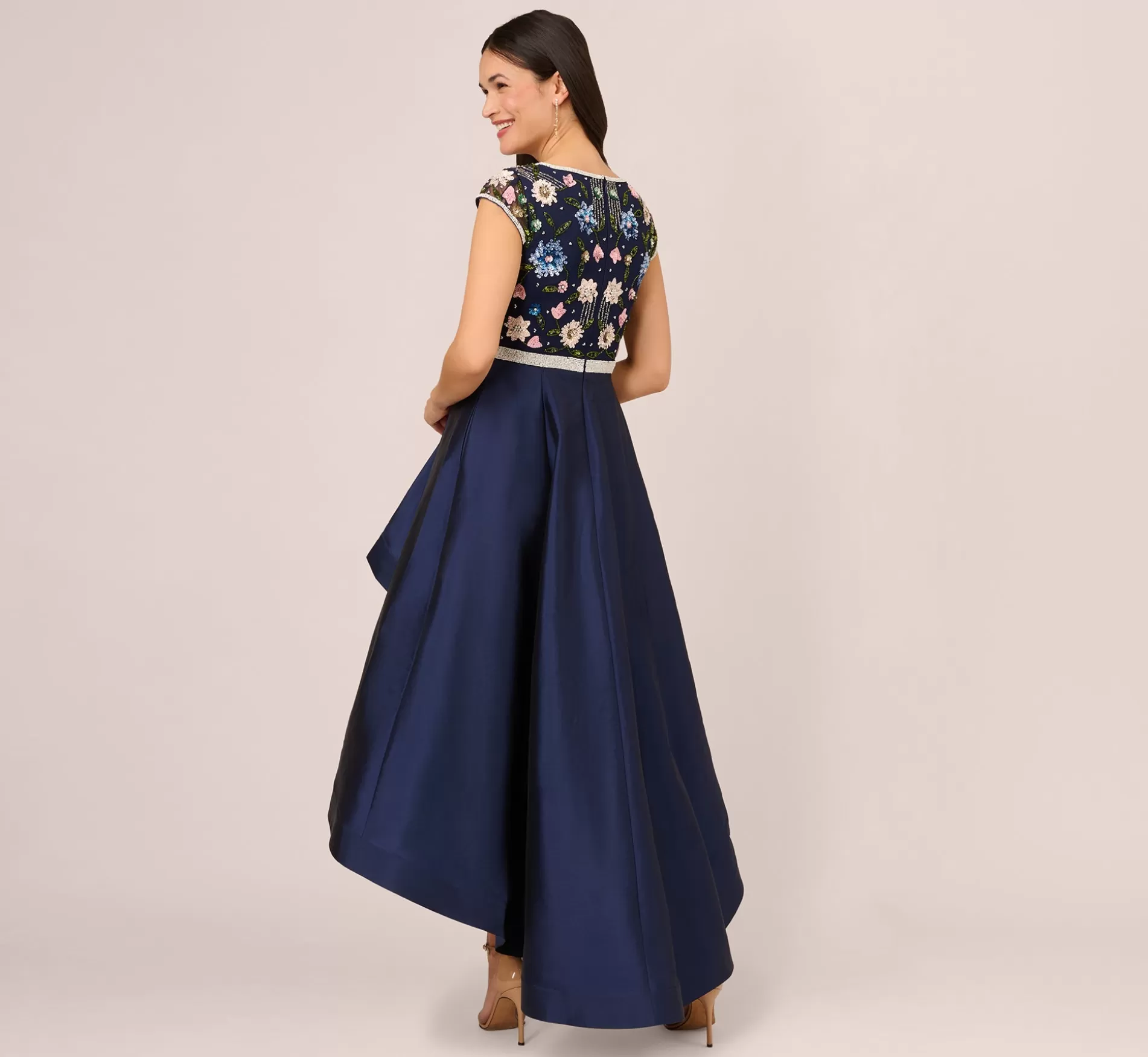 New Cap Sleeve Beaded Gown With Taffeta High Low Skirt In Light Navy Beaded | Black Tie