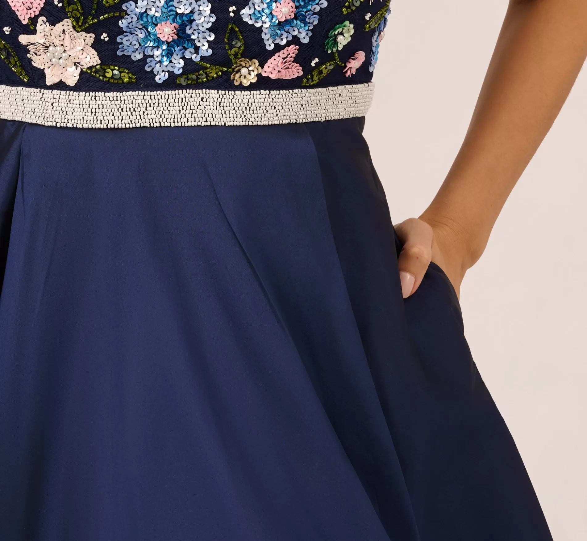 New Cap Sleeve Beaded Gown With Taffeta High Low Skirt In Light Navy Beaded | Black Tie