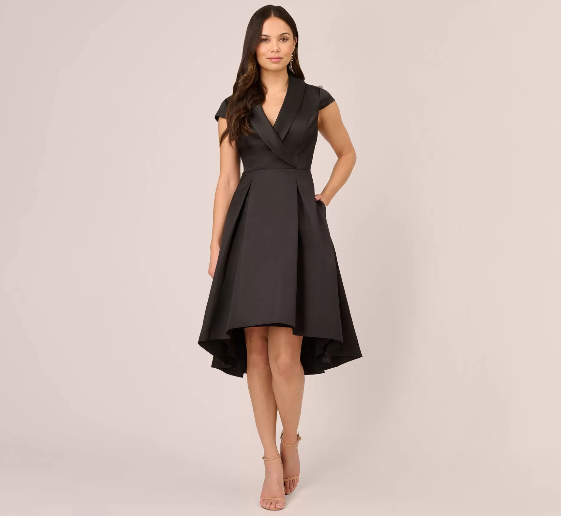 Flash Sale Cap Sleeve Mikado Midi Dress With High Low Skirt In Black Best Sellers | Cocktail