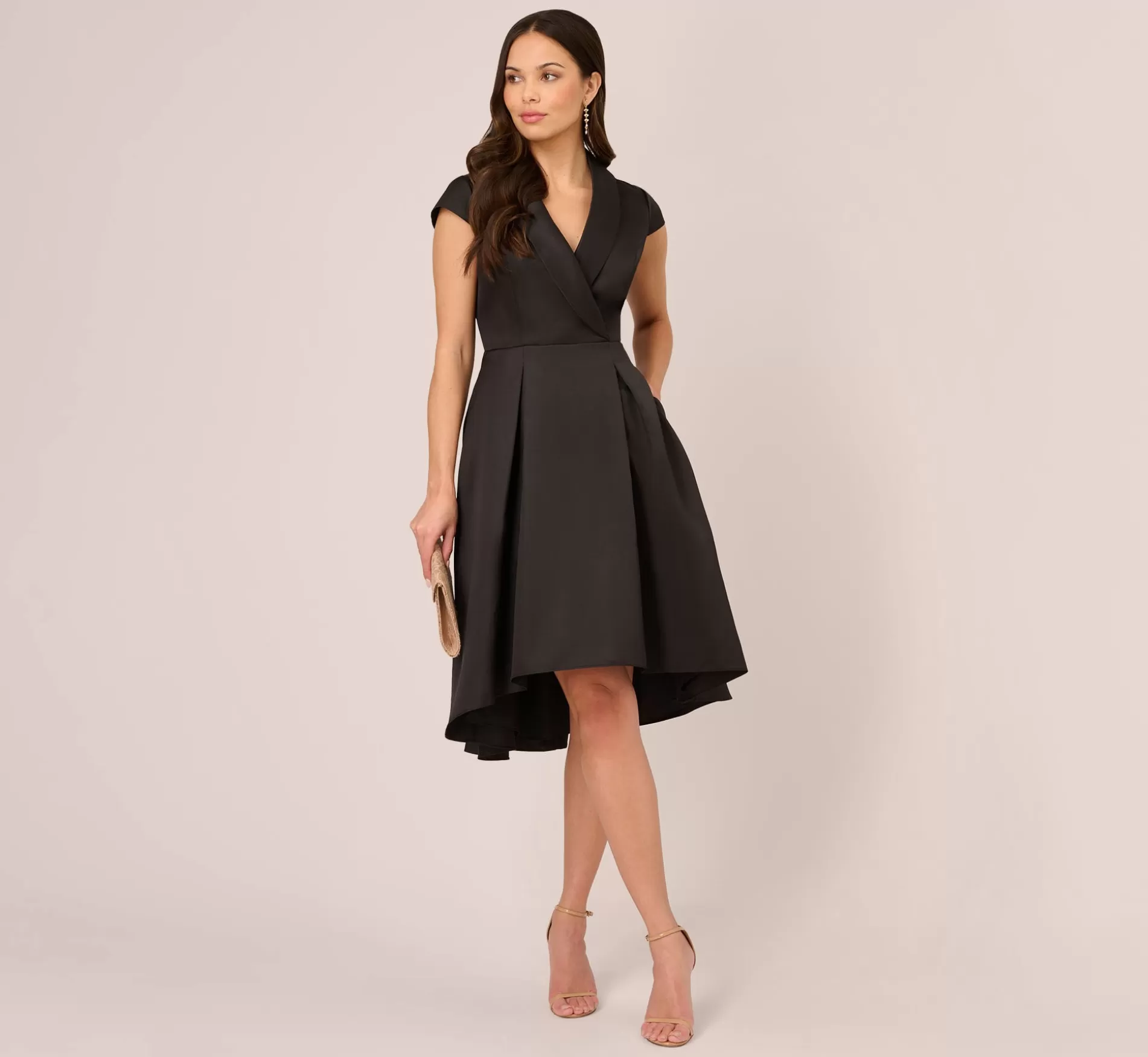 Flash Sale Cap Sleeve Mikado Midi Dress With High Low Skirt In Black Best Sellers | Cocktail