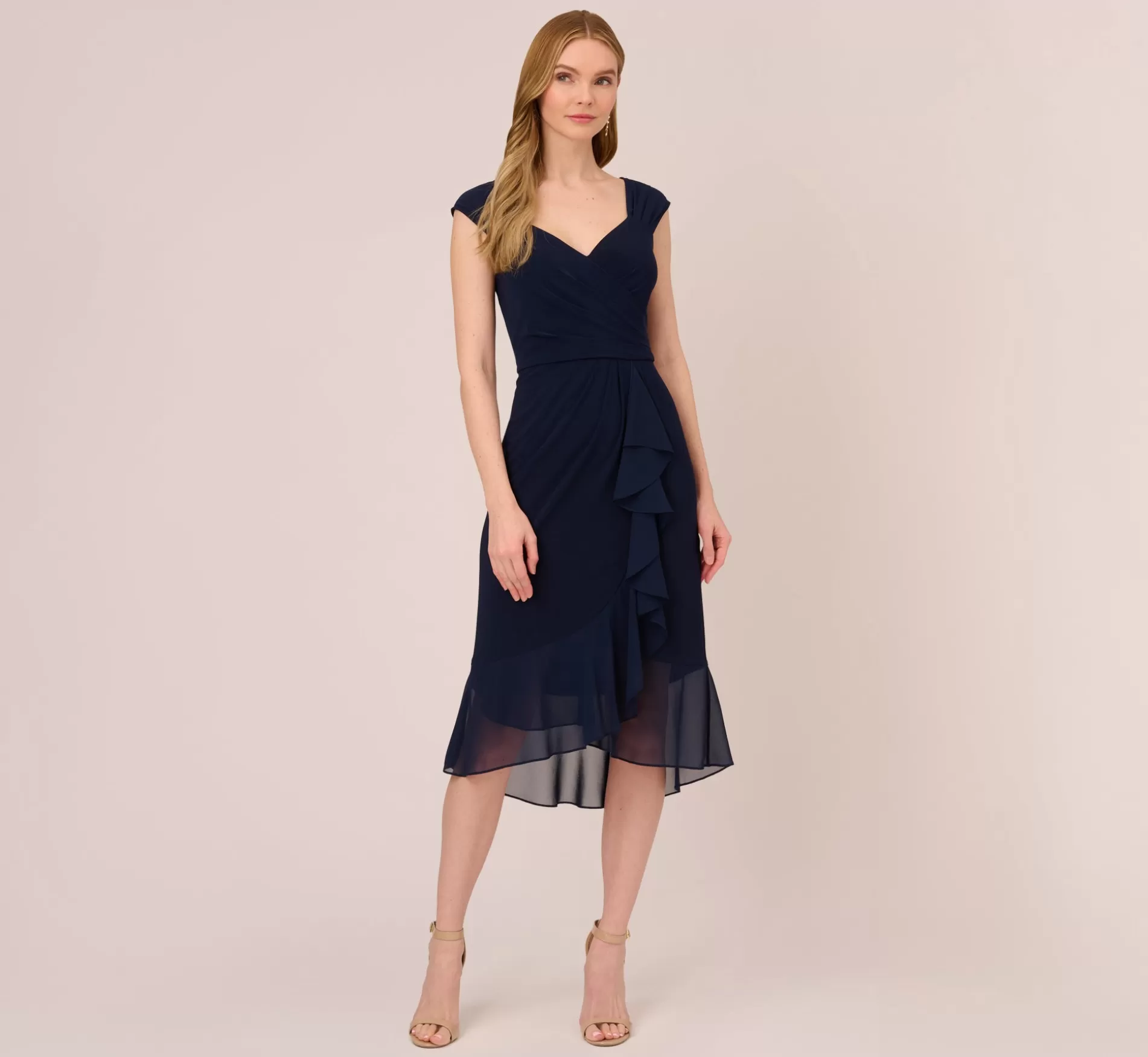 Best Chiffon And Jersey Flounce Draped Dress With Pleated Details In Midnight Day Dresses | Day Dresses