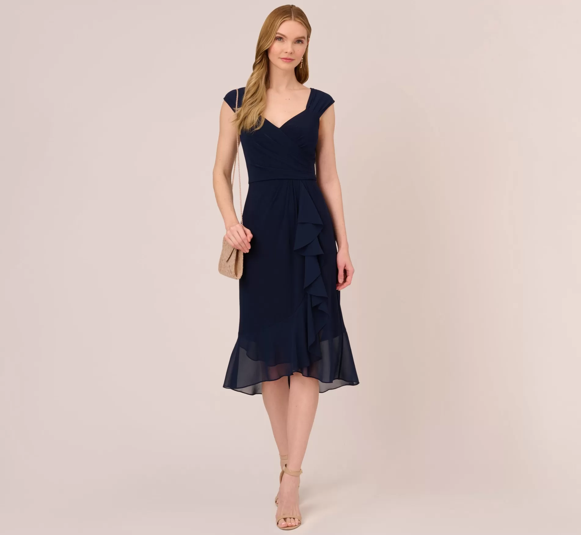Best Chiffon And Jersey Flounce Draped Dress With Pleated Details In Midnight Day Dresses | Day Dresses
