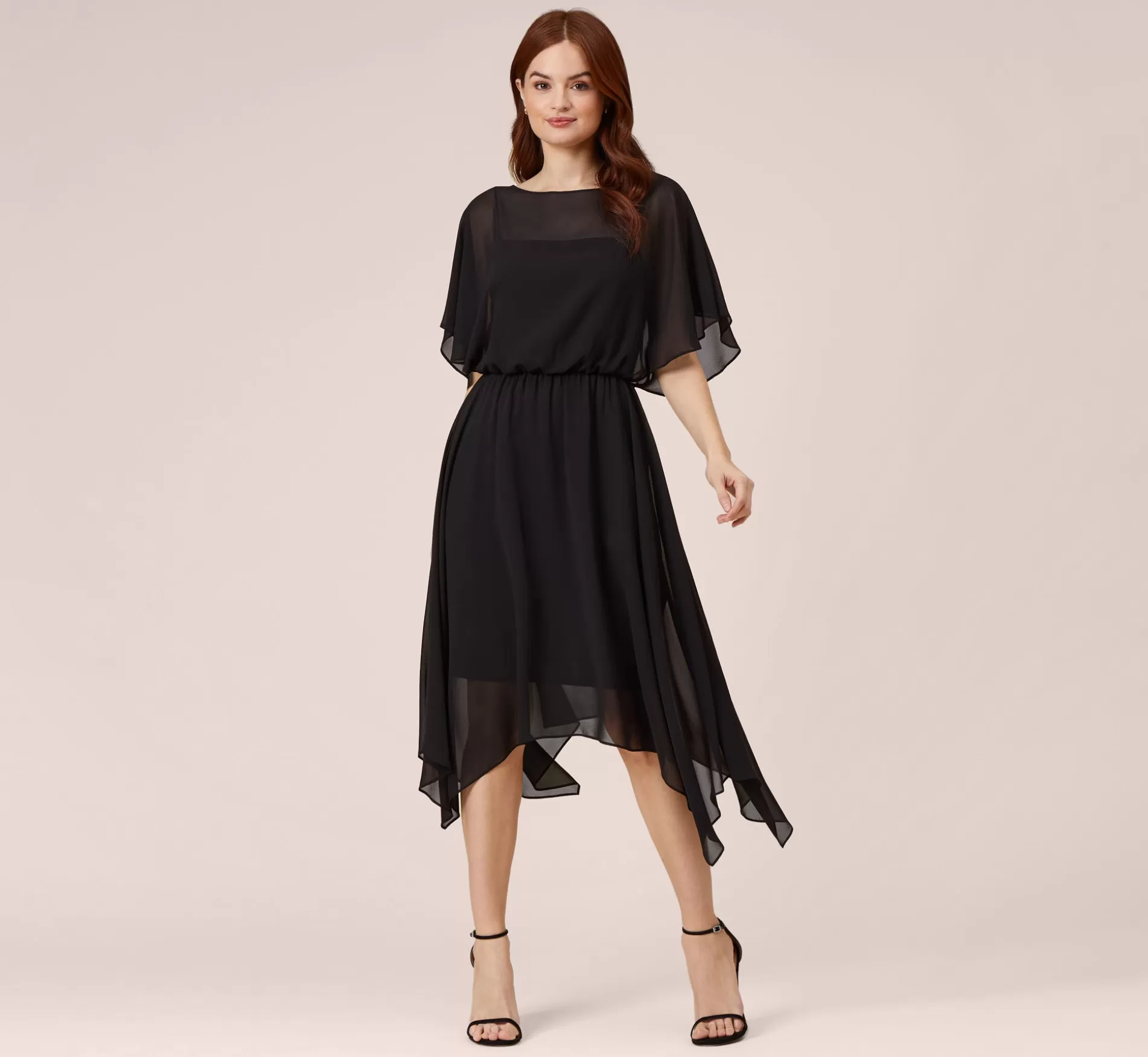 Outlet Chiffon Blouson Midi Dress With Flutter Sleeves In Black Day Dresses | Dresses with Sleeves