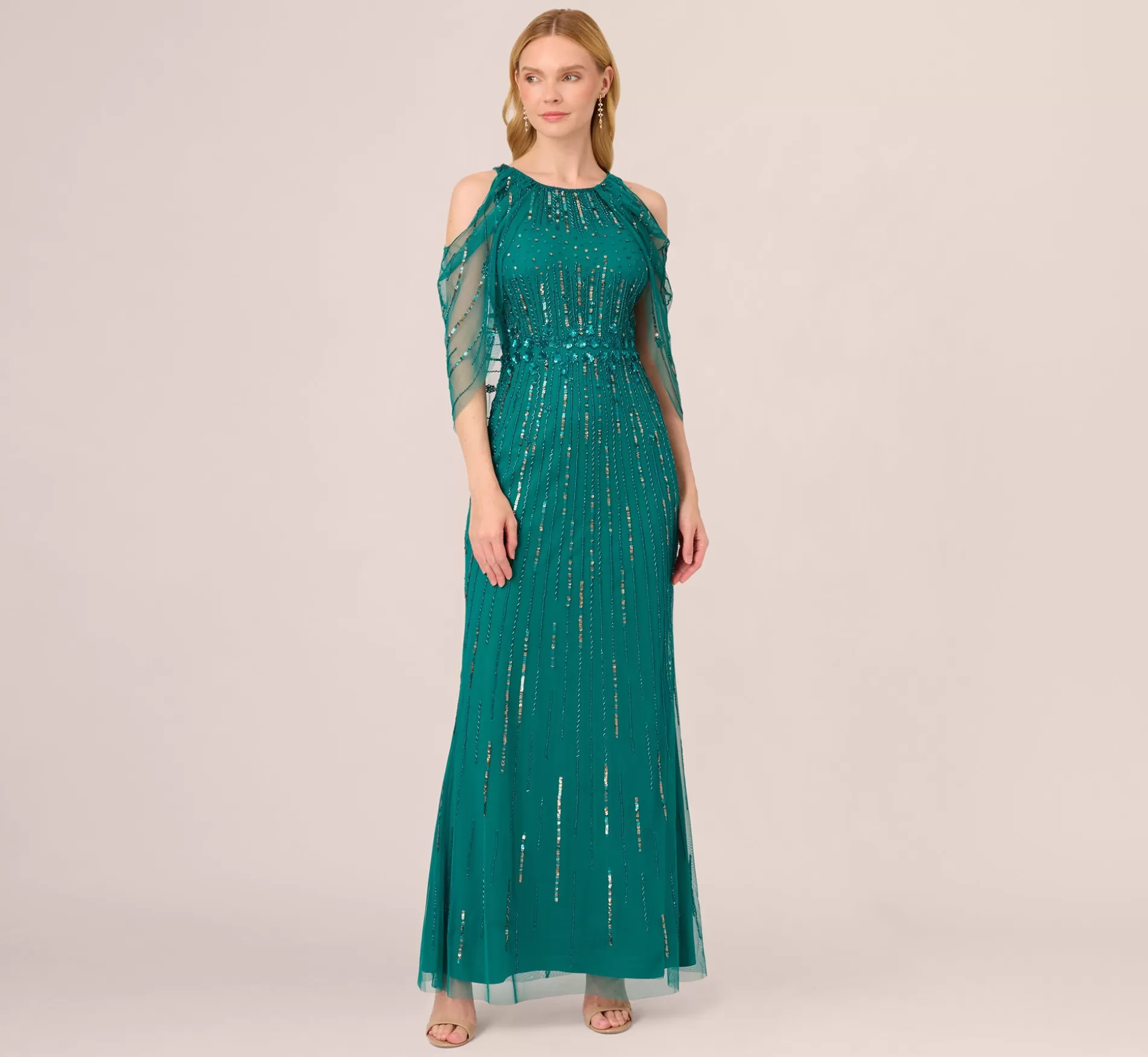 Flash Sale Cold Shoulder Beaded Cape Gown In Vivid Emerald Beaded | Black Tie