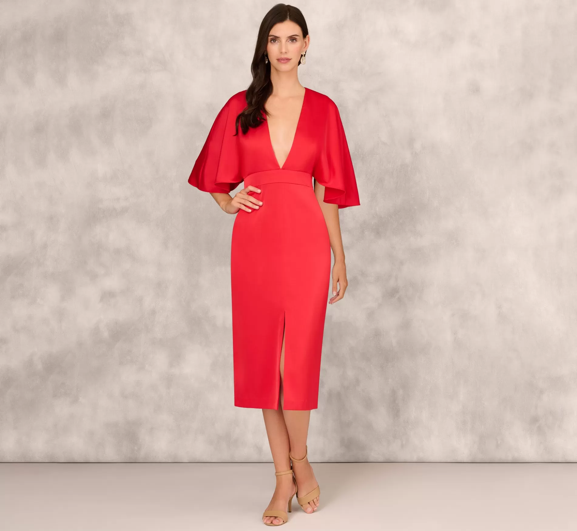 Outlet Crepe Back Satin Midi Dress With Flutter Sleeves In Chateau Red Formal | Midi Dresses