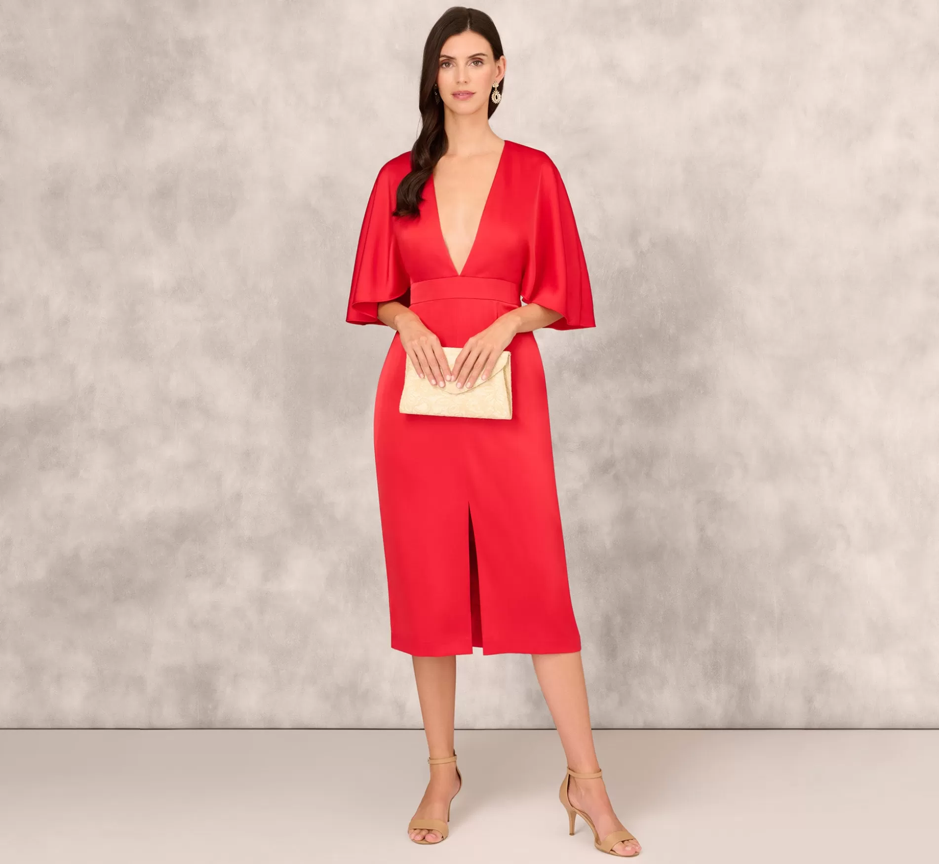Outlet Crepe Back Satin Midi Dress With Flutter Sleeves In Chateau Red Formal | Midi Dresses