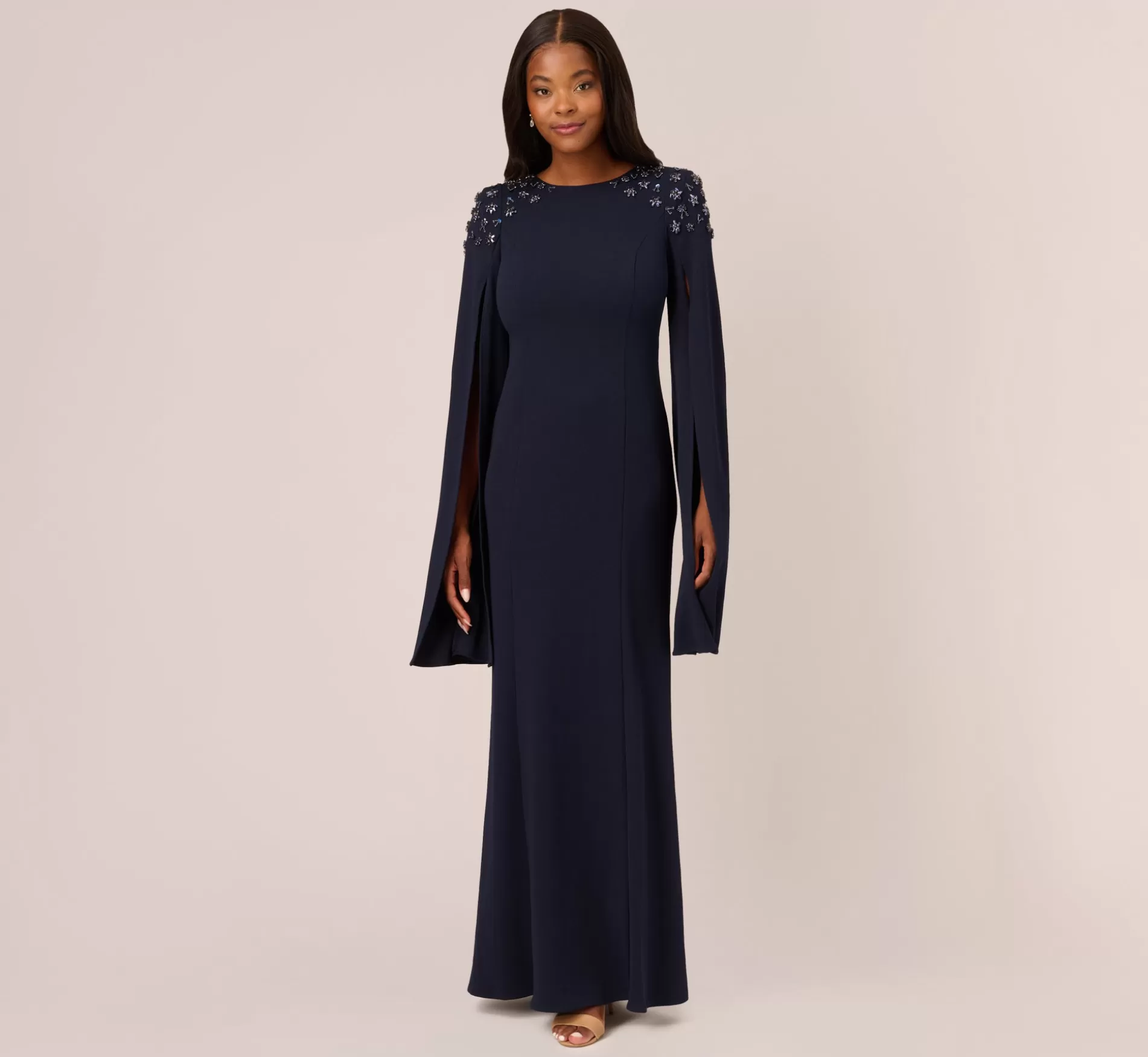 New Crepe Mermaid Gown With Beaded Cape Sleeves In Midnight Beaded | Black Tie