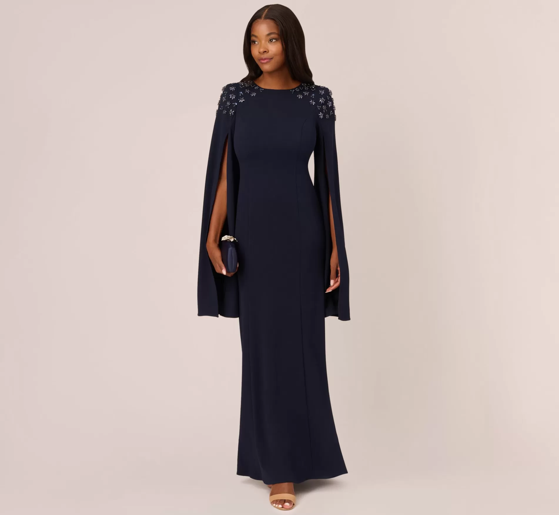 New Crepe Mermaid Gown With Beaded Cape Sleeves In Midnight Beaded | Black Tie