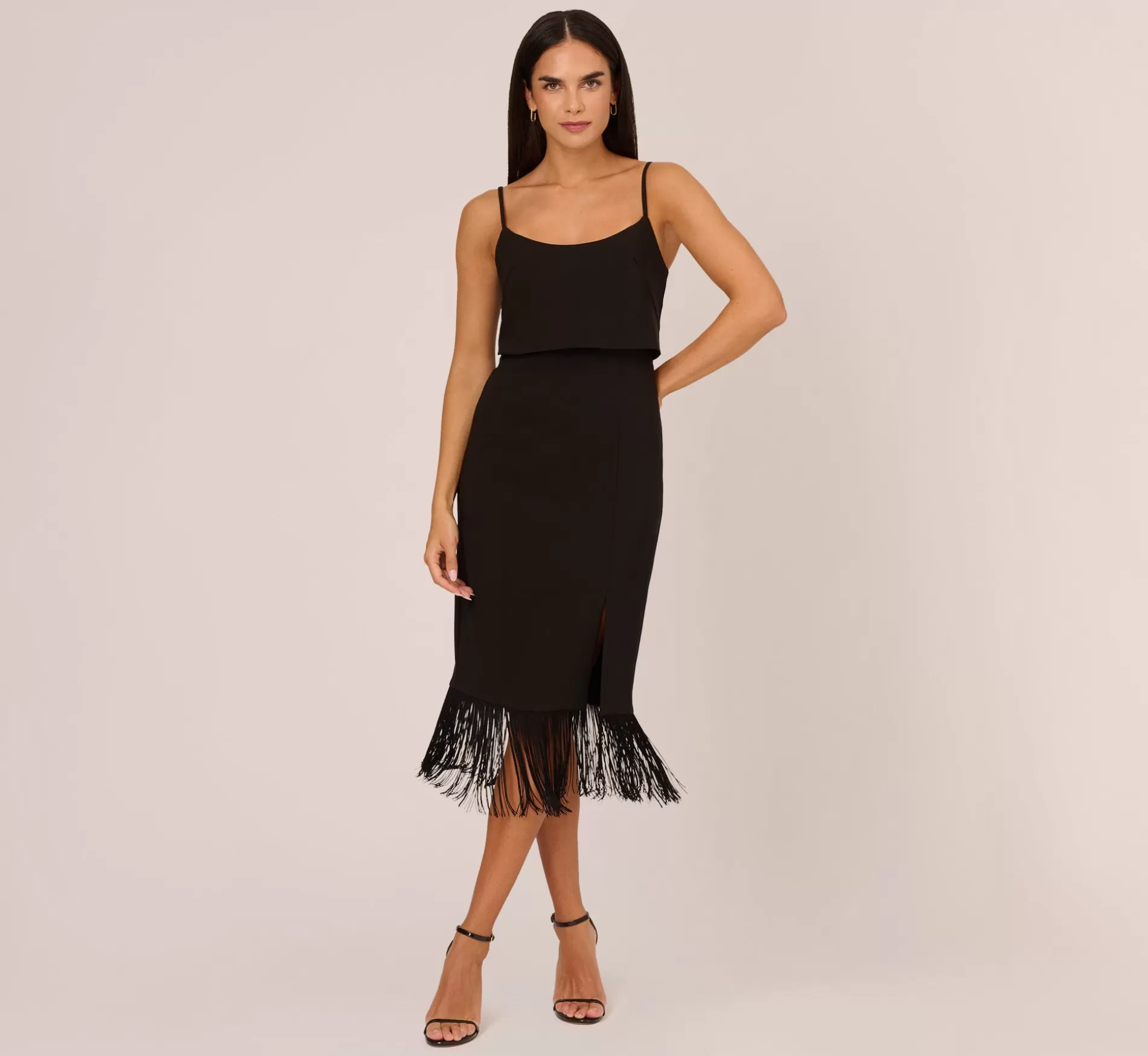 Clearance Crepe Popover Midi Dress With Fringe Trim In Black Midi Dresses