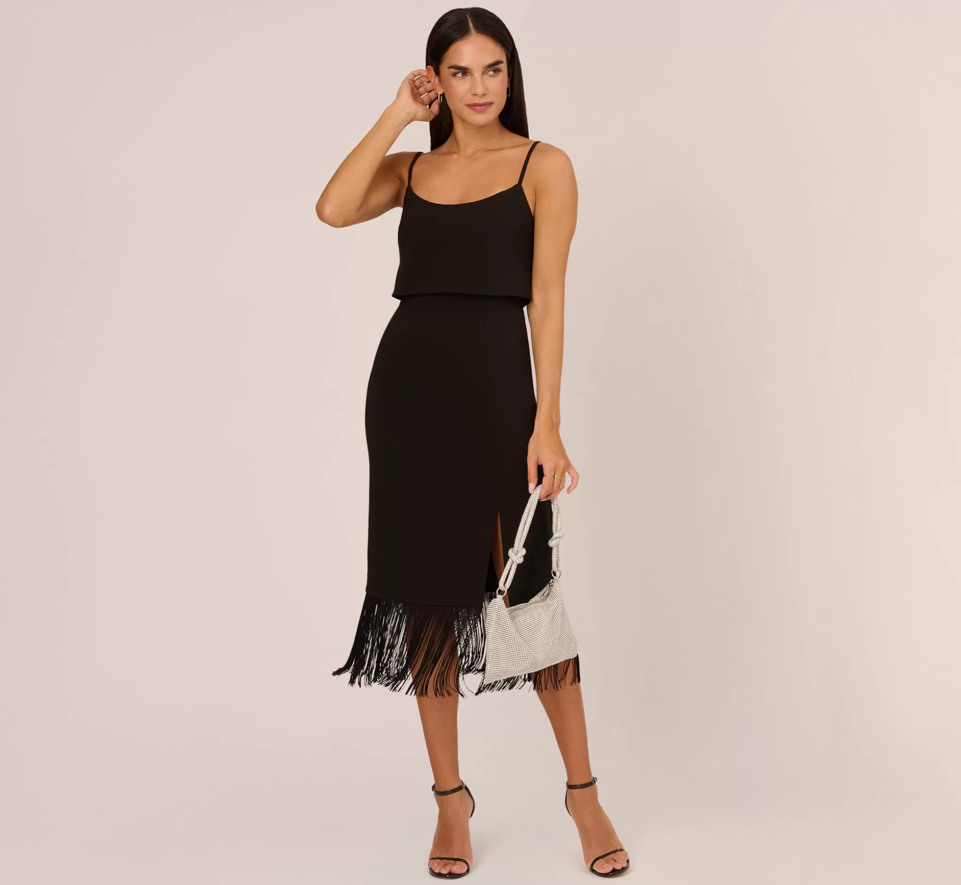 Clearance Crepe Popover Midi Dress With Fringe Trim In Black Midi Dresses