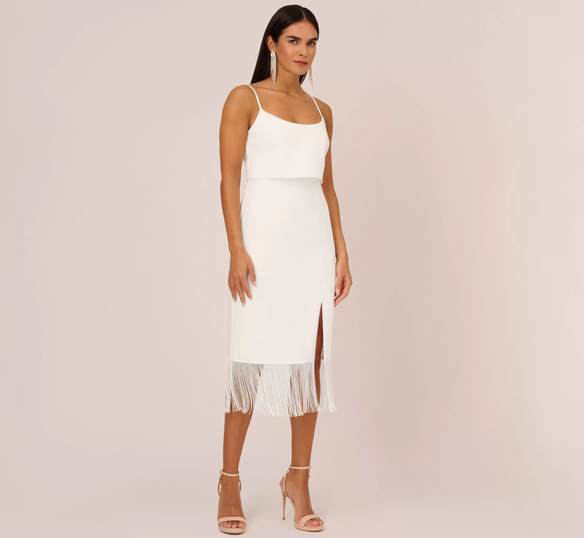 Hot Crepe Popover Midi Dress With Fringe Trim In Ivory Little White Dresses | Midi Dresses