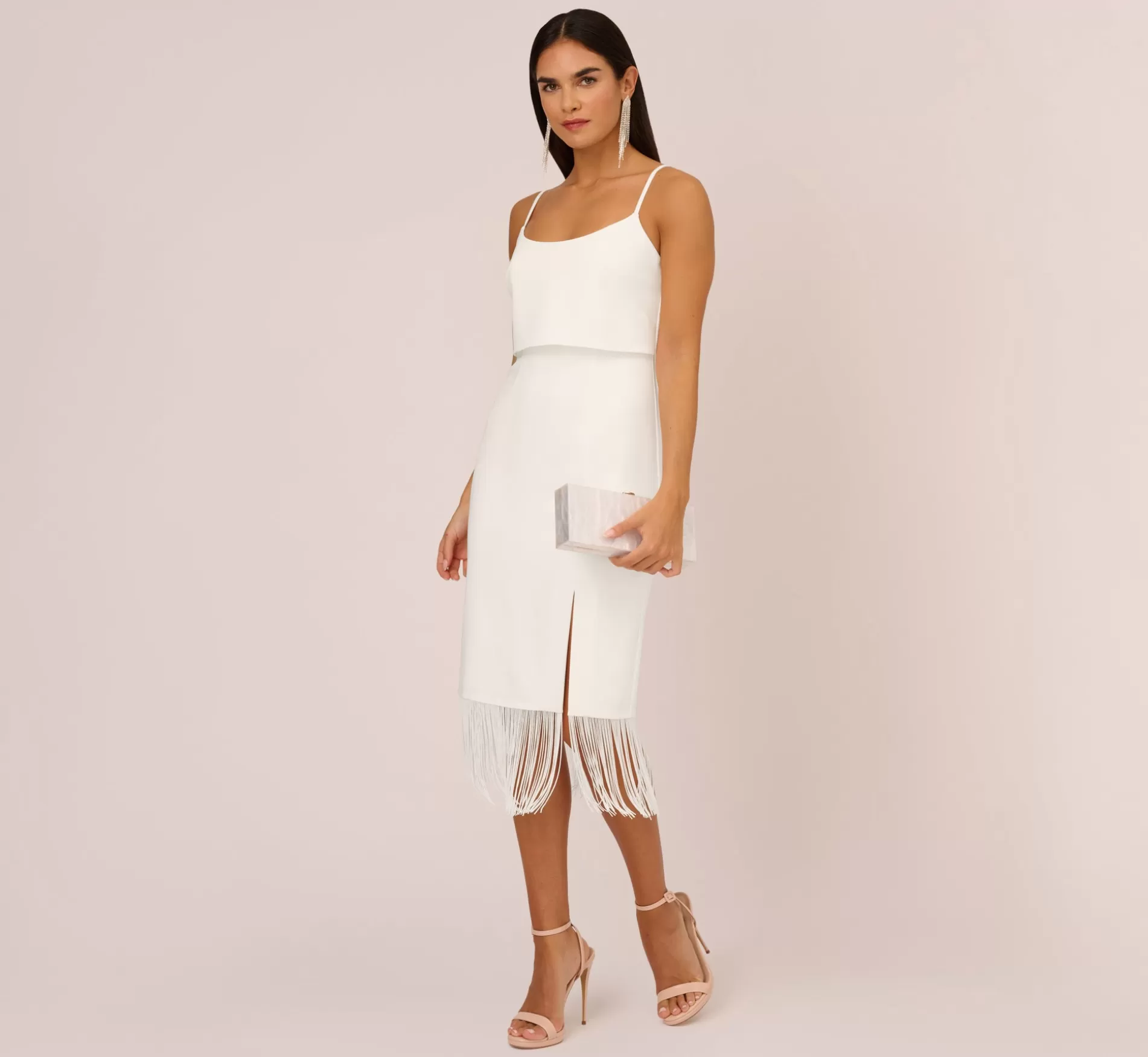 Hot Crepe Popover Midi Dress With Fringe Trim In Ivory Little White Dresses | Midi Dresses