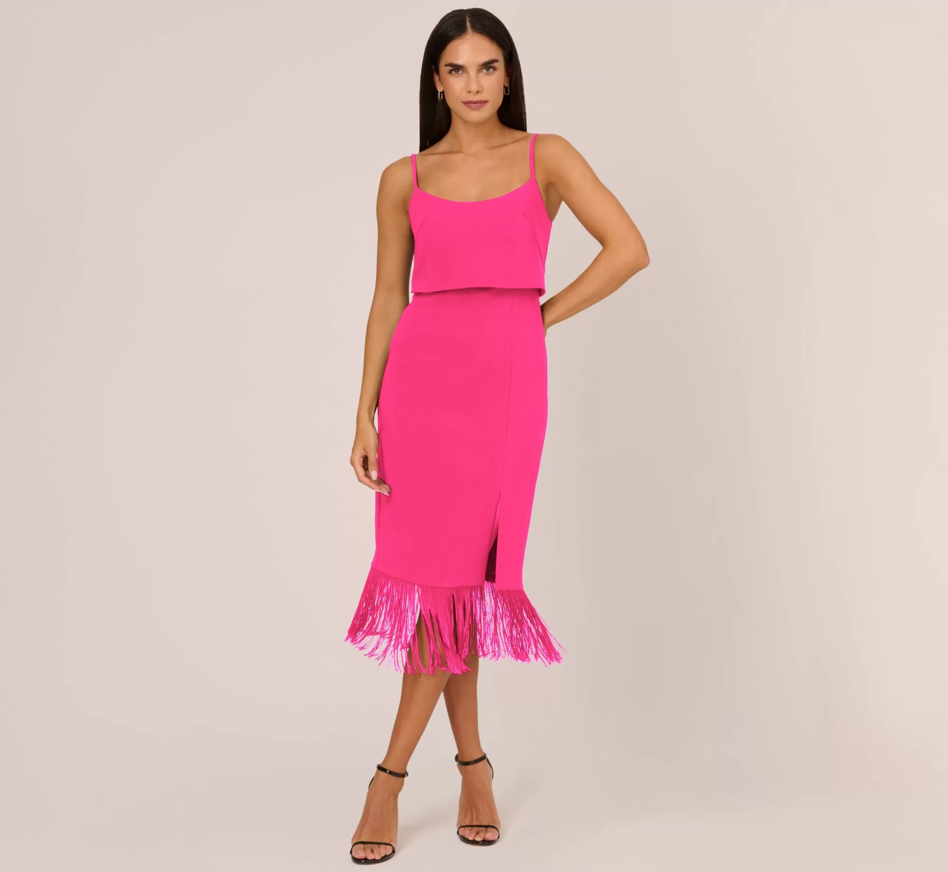 Clearance Crepe Popover Midi Dress With Fringe Trim In Lipstick Midi Dresses