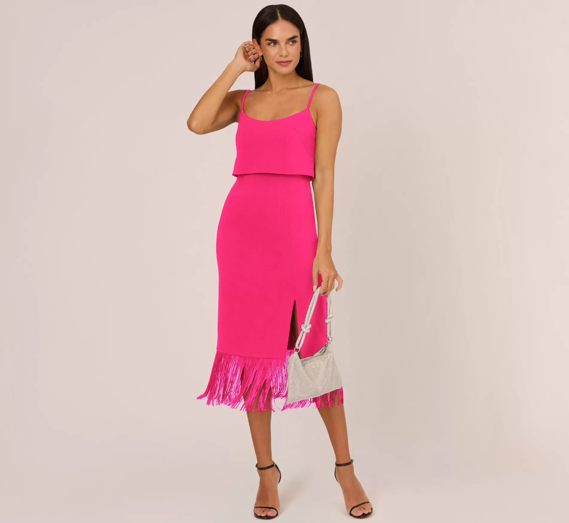 Clearance Crepe Popover Midi Dress With Fringe Trim In Lipstick Midi Dresses