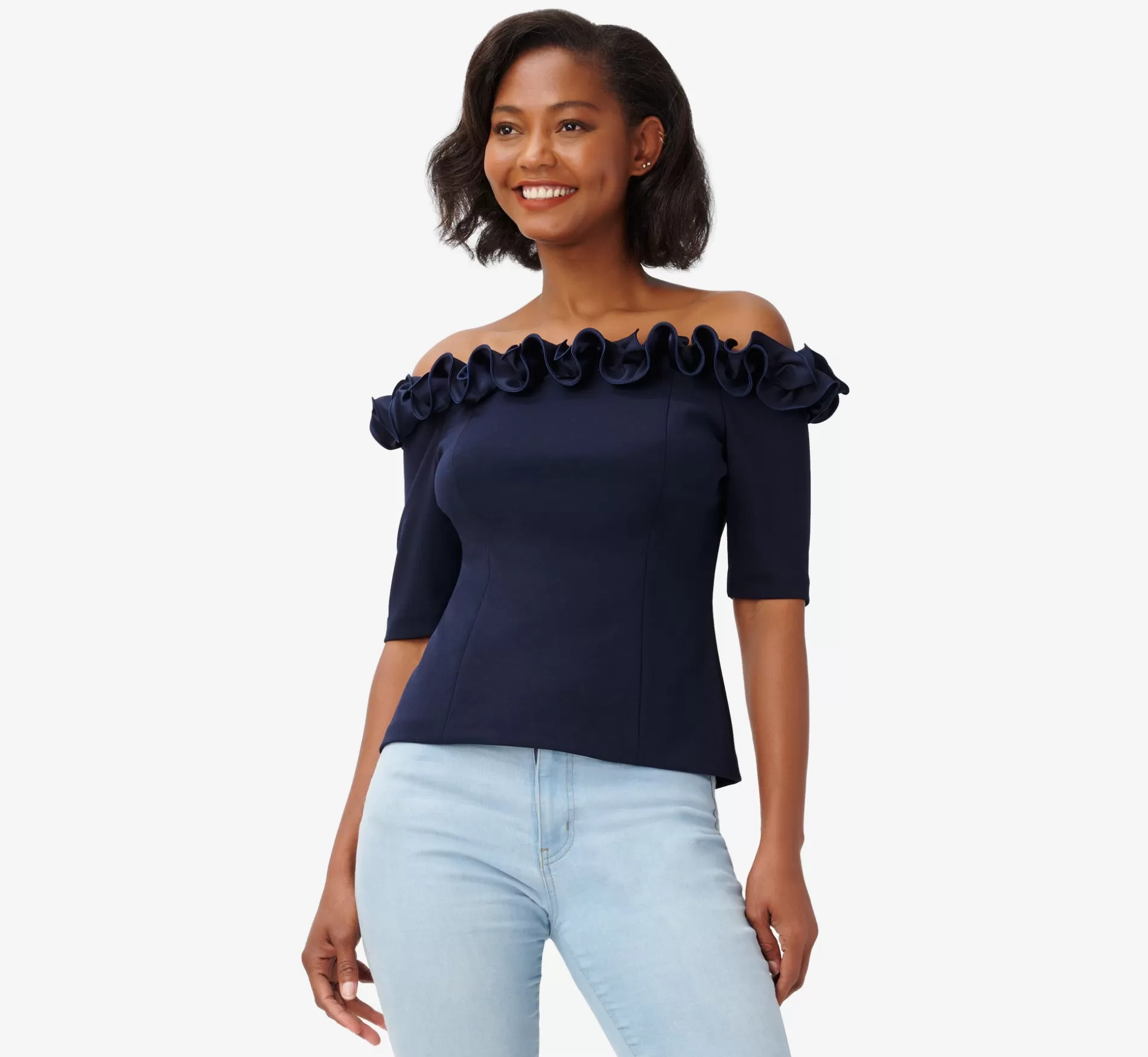 New Crepe Satin Rosette Off-The-Shoulder Top In Midnight Separates | Separates