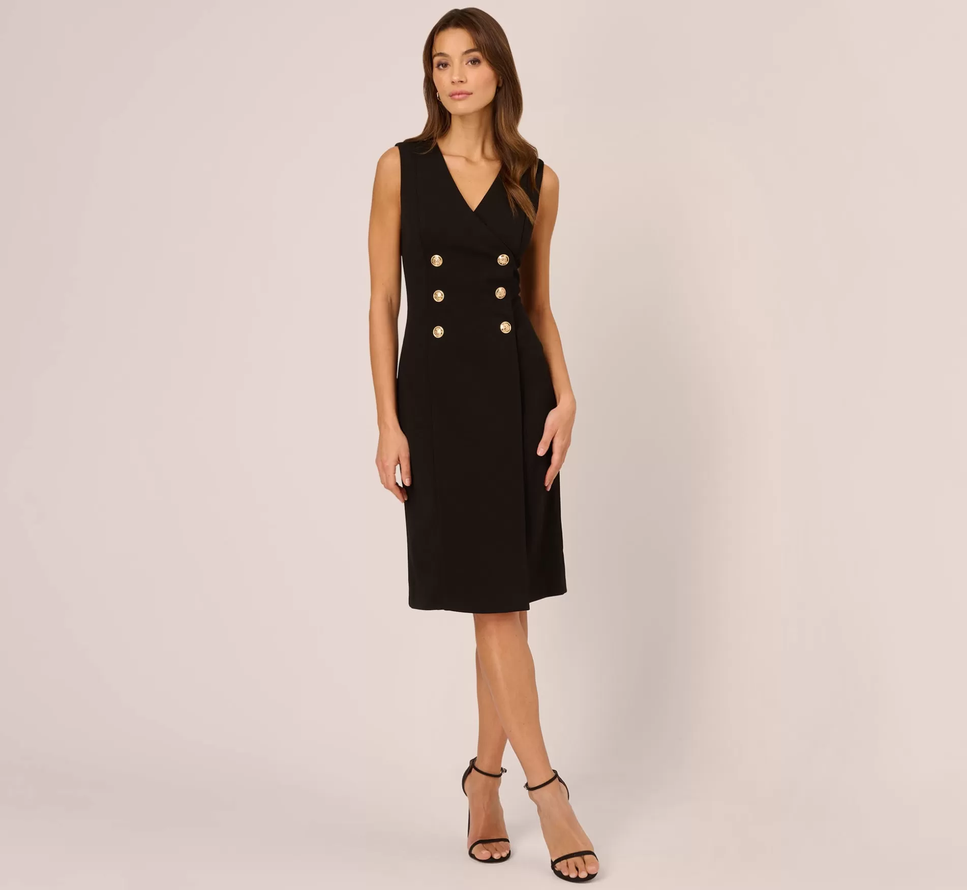 Hot Crepe Sleeveless Sheath Dress With Six Button Details In Black Formal | Day Dresses