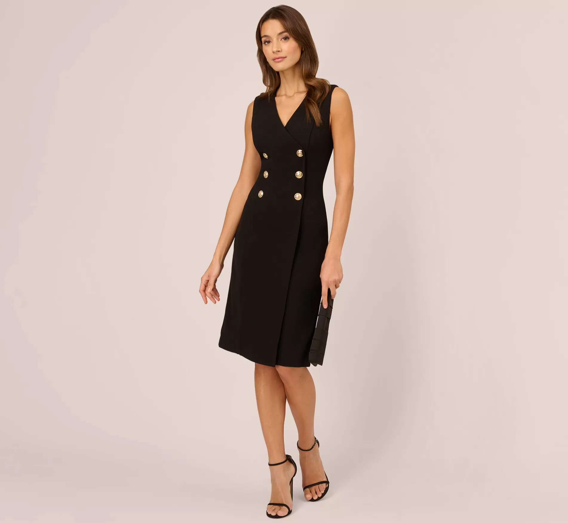 Hot Crepe Sleeveless Sheath Dress With Six Button Details In Black Formal | Day Dresses