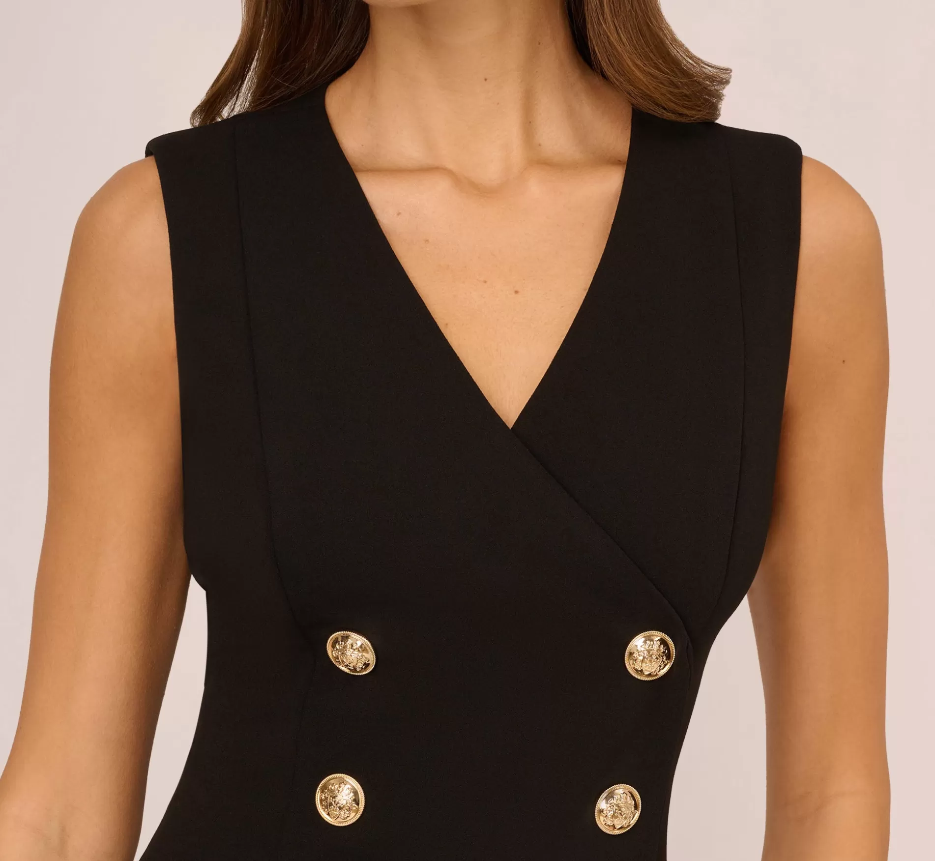 Hot Crepe Sleeveless Sheath Dress With Six Button Details In Black Formal | Day Dresses