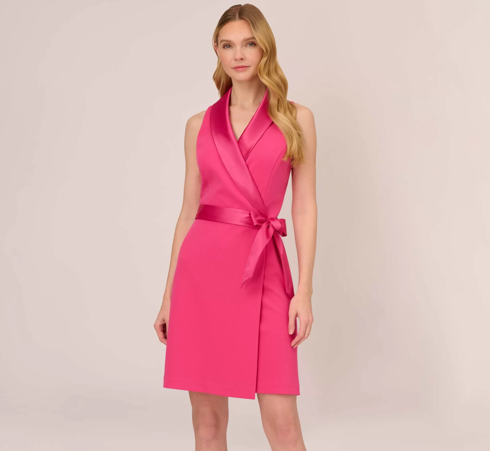 Hot Crepe Tuxedo Short Faux Wrap Dress In Cabaret Pink Best Sellers | Day Dresses