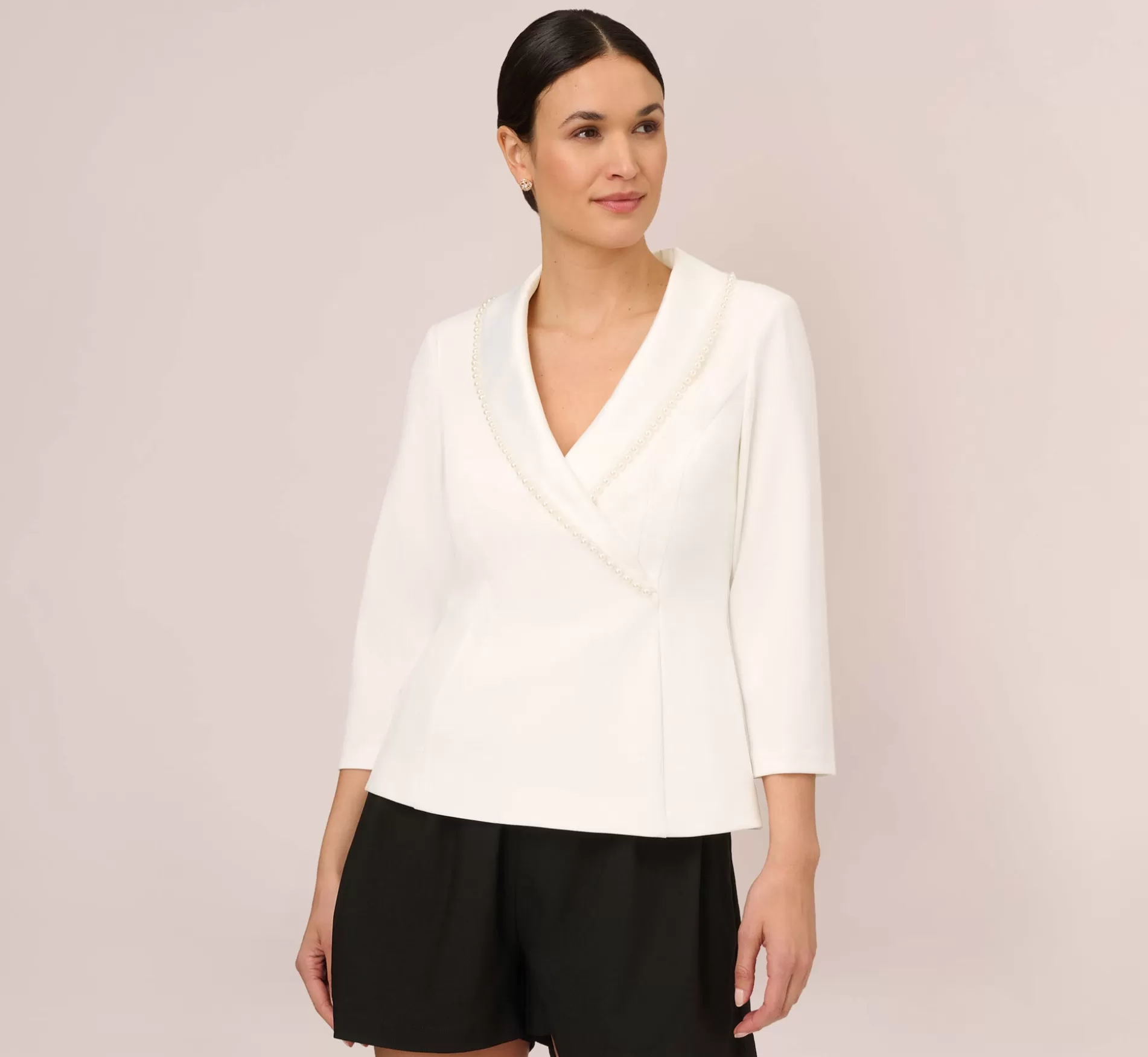 Fashion Crepe Tuxedo Top With Pearl Trim In Ivory Separates | Separates