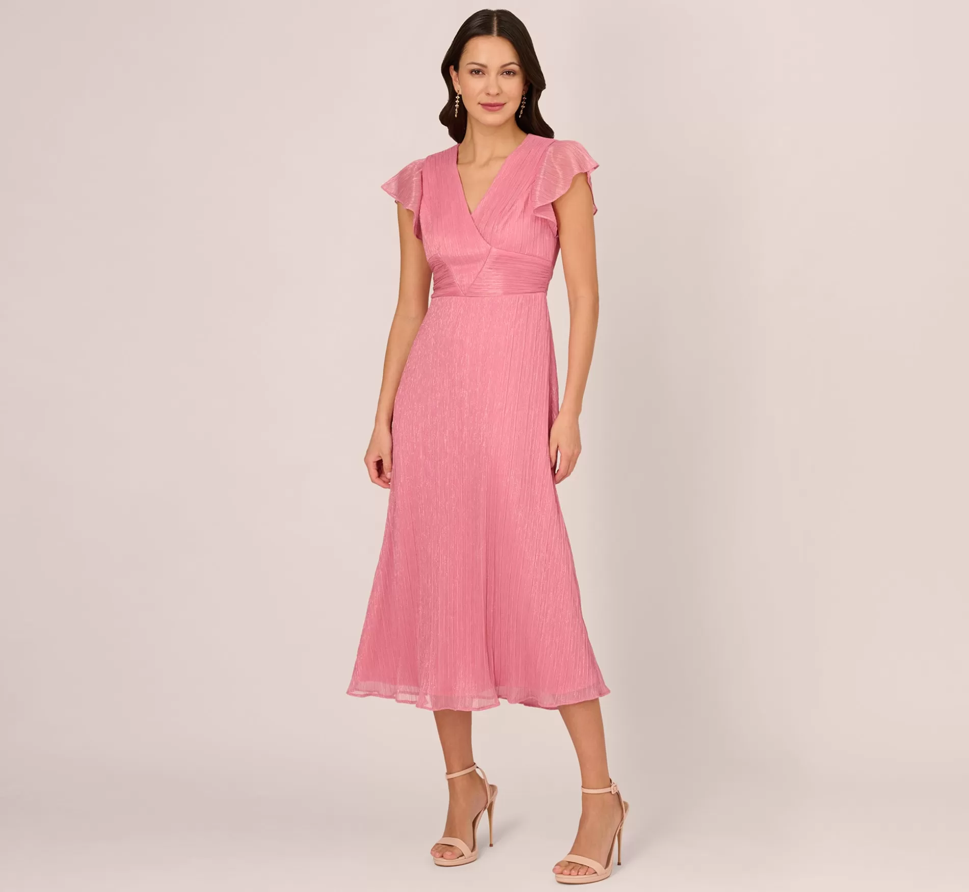 Best Sale Crinkle Mesh Midi Dress With Flutter Sleeves In Faded Rose Formal | Day Dresses