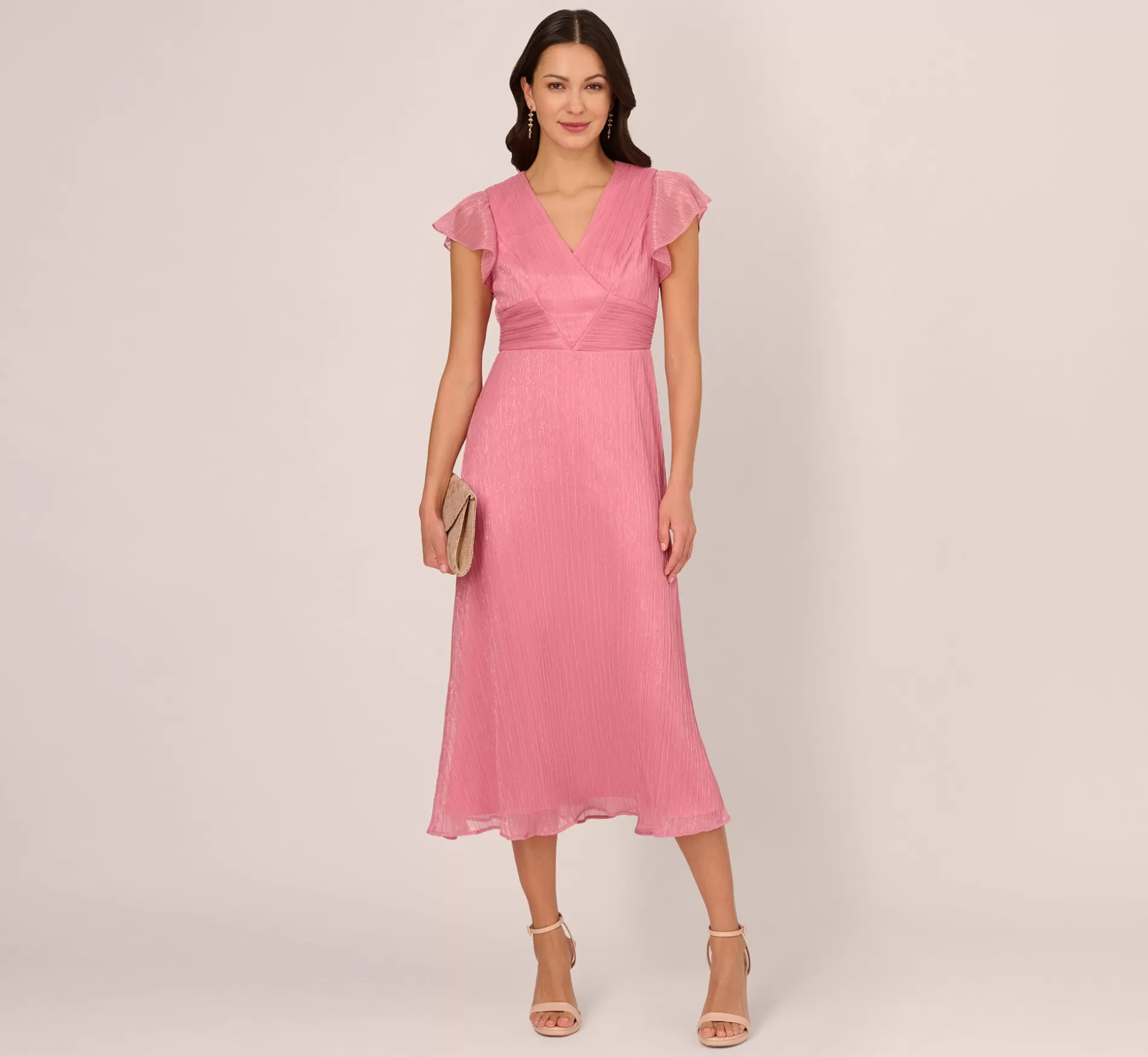 Best Sale Crinkle Mesh Midi Dress With Flutter Sleeves In Faded Rose Formal | Day Dresses