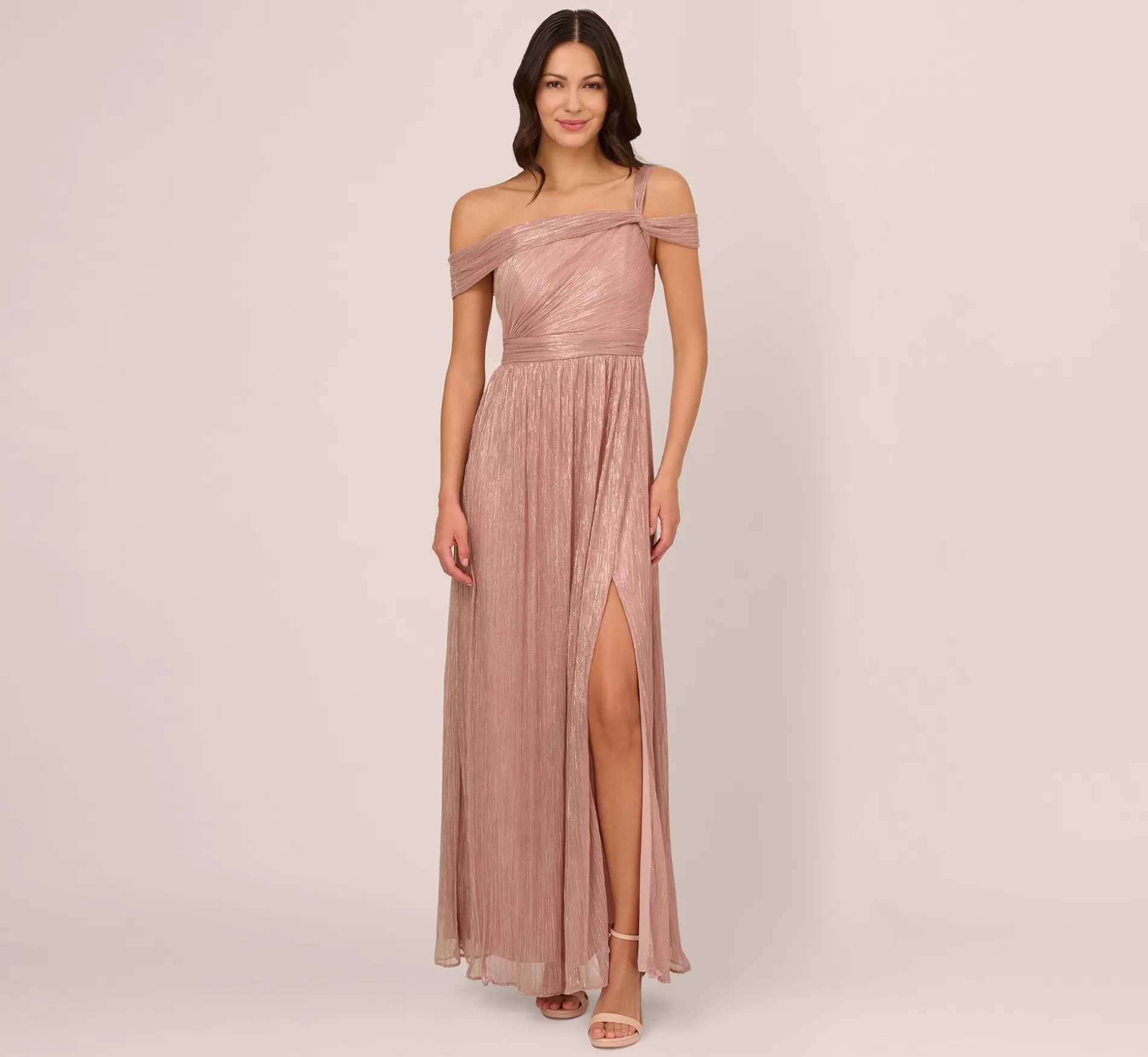 Clearance Crinkle Metallic Gown With Asymmetrical Neckline In Petal Gold Long Dresses | Black Tie