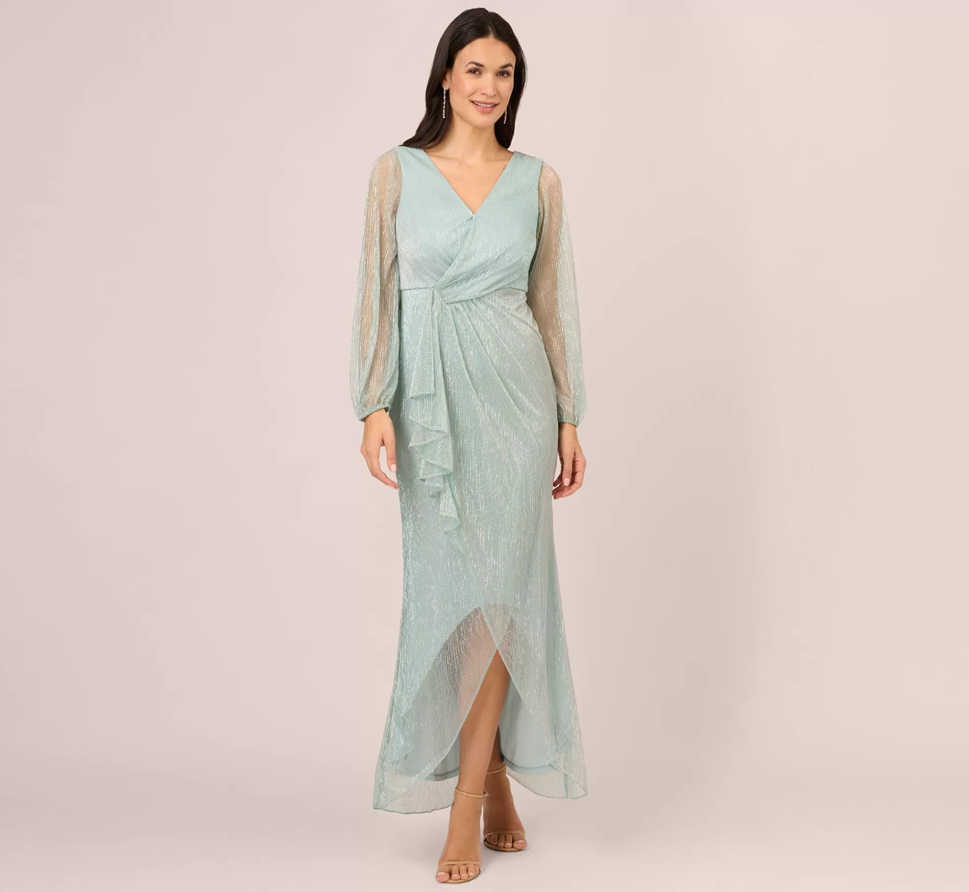 Best Crinkle Metallic Gown With Sheer Bishop Sleeves And Draped Details In Mint Smoke Black Tie | Formal