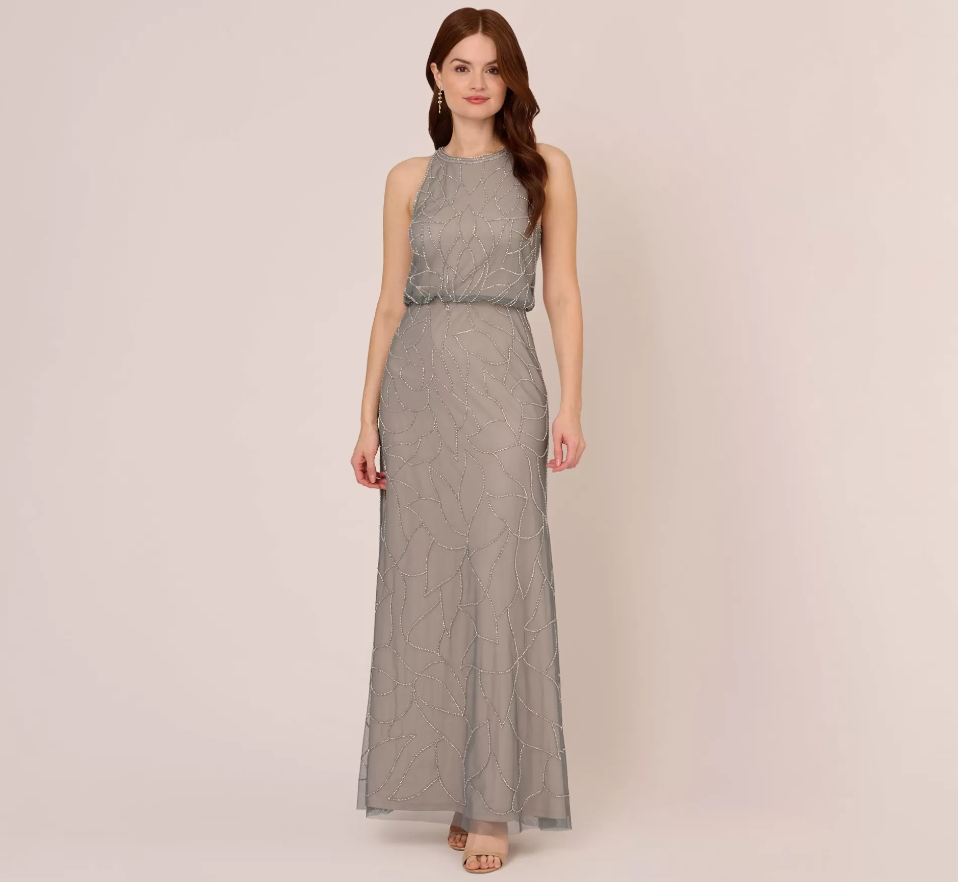 Clearance Deco Floral Beaded Blouson Gown With Halter Neckline In Pewter Silver Long Dresses | Beaded