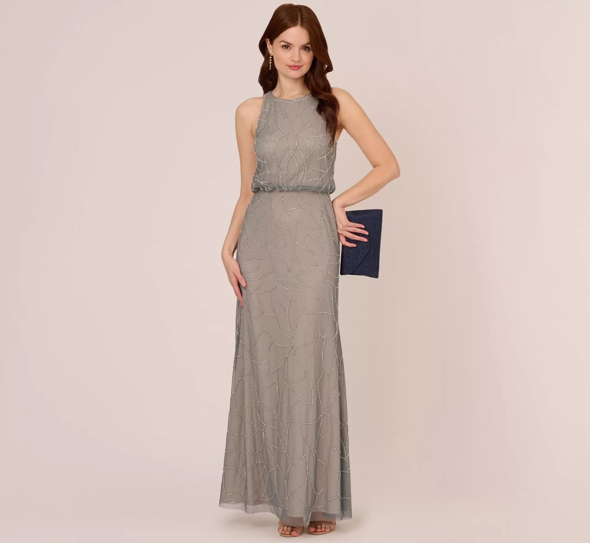 Clearance Deco Floral Beaded Blouson Gown With Halter Neckline In Pewter Silver Long Dresses | Beaded