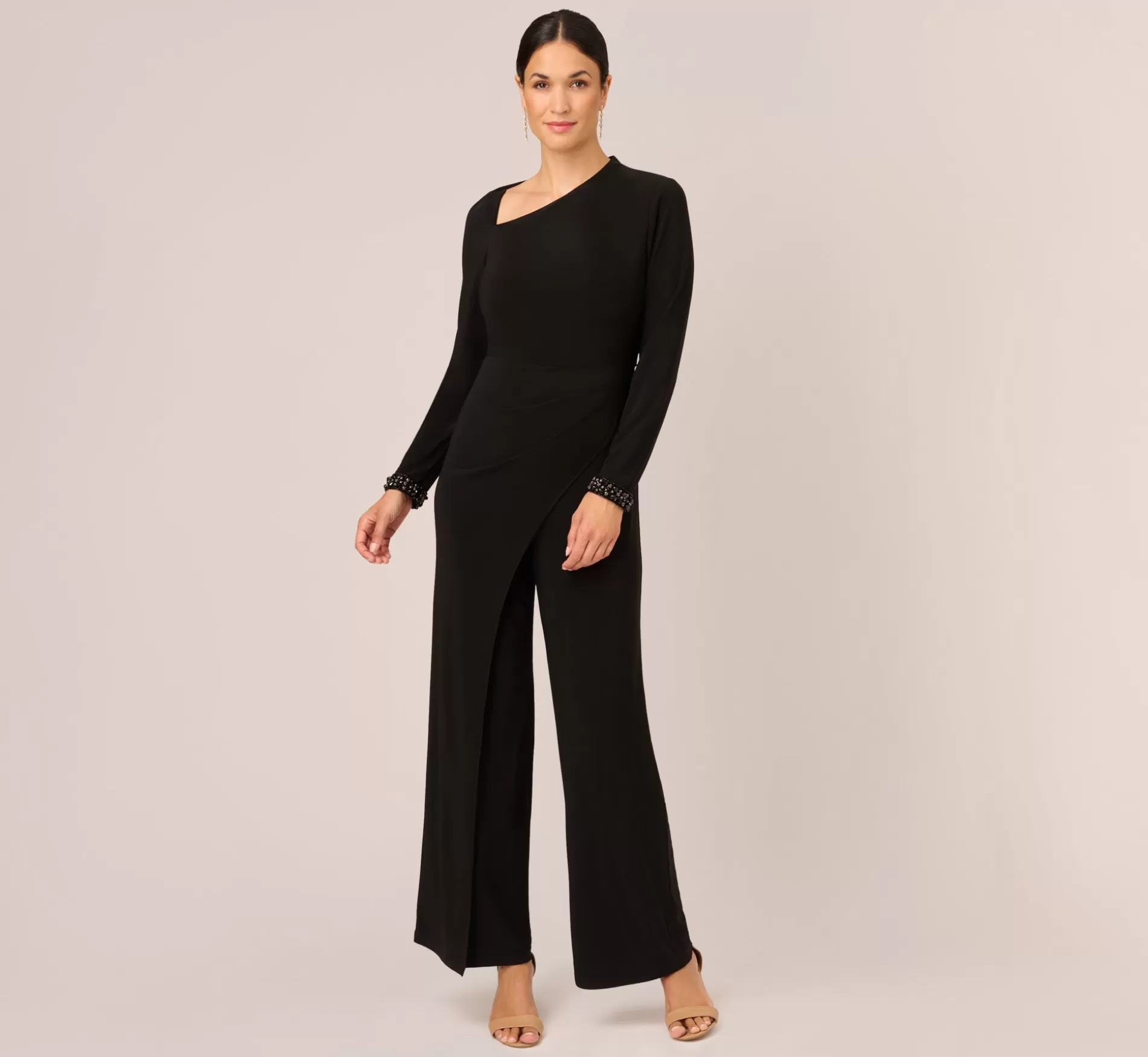 Fashion Embellished Jersey Jumpsuit With Asymmetric Neck In Black Black Tie | Dresses with Sleeves