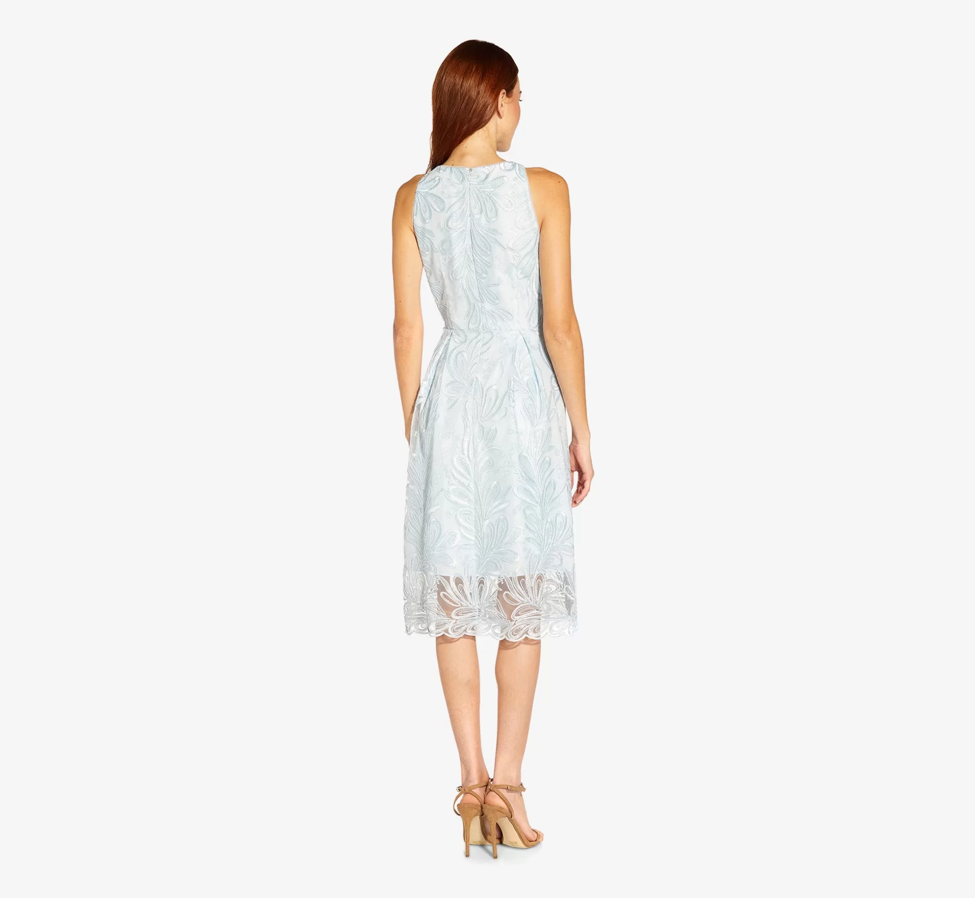 Fashion Embroidered Illusion Midi-Length Fit-And-Flare Dress In Opal Midi Dresses | Grandmother of the bride & Groom