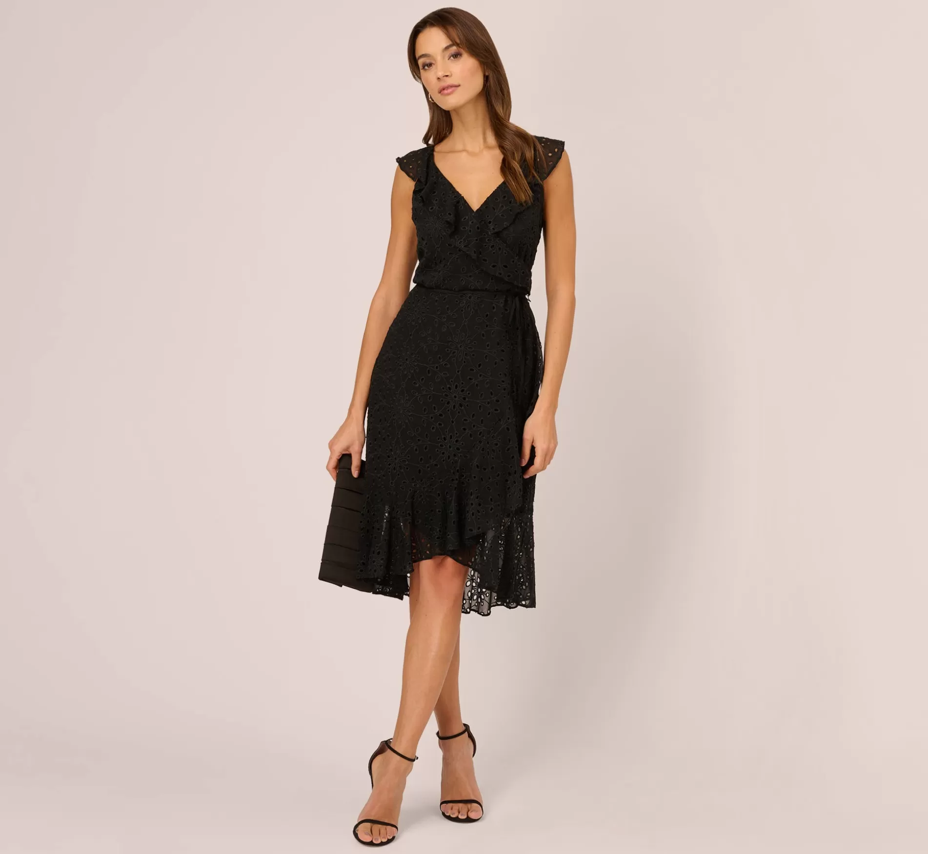 Outlet Eyelet Faux Wrap Midi Dress With Ruffle Details In Black Formal | Day Dresses