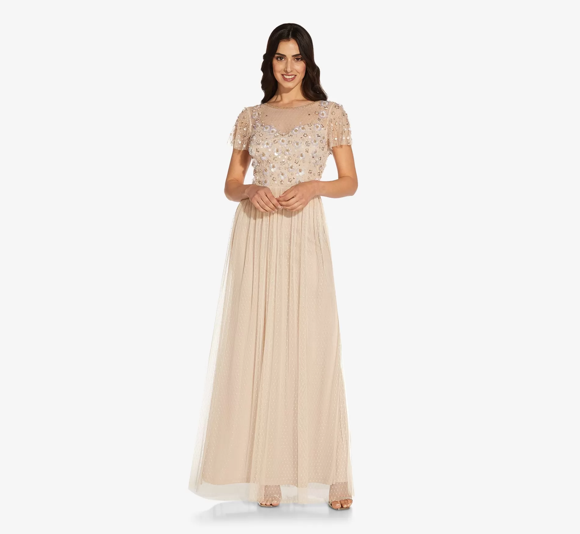Cheap Floral 3D Hand-Beaded And Lace Illusion Long Gown In Biscotti Long Dresses | Beaded