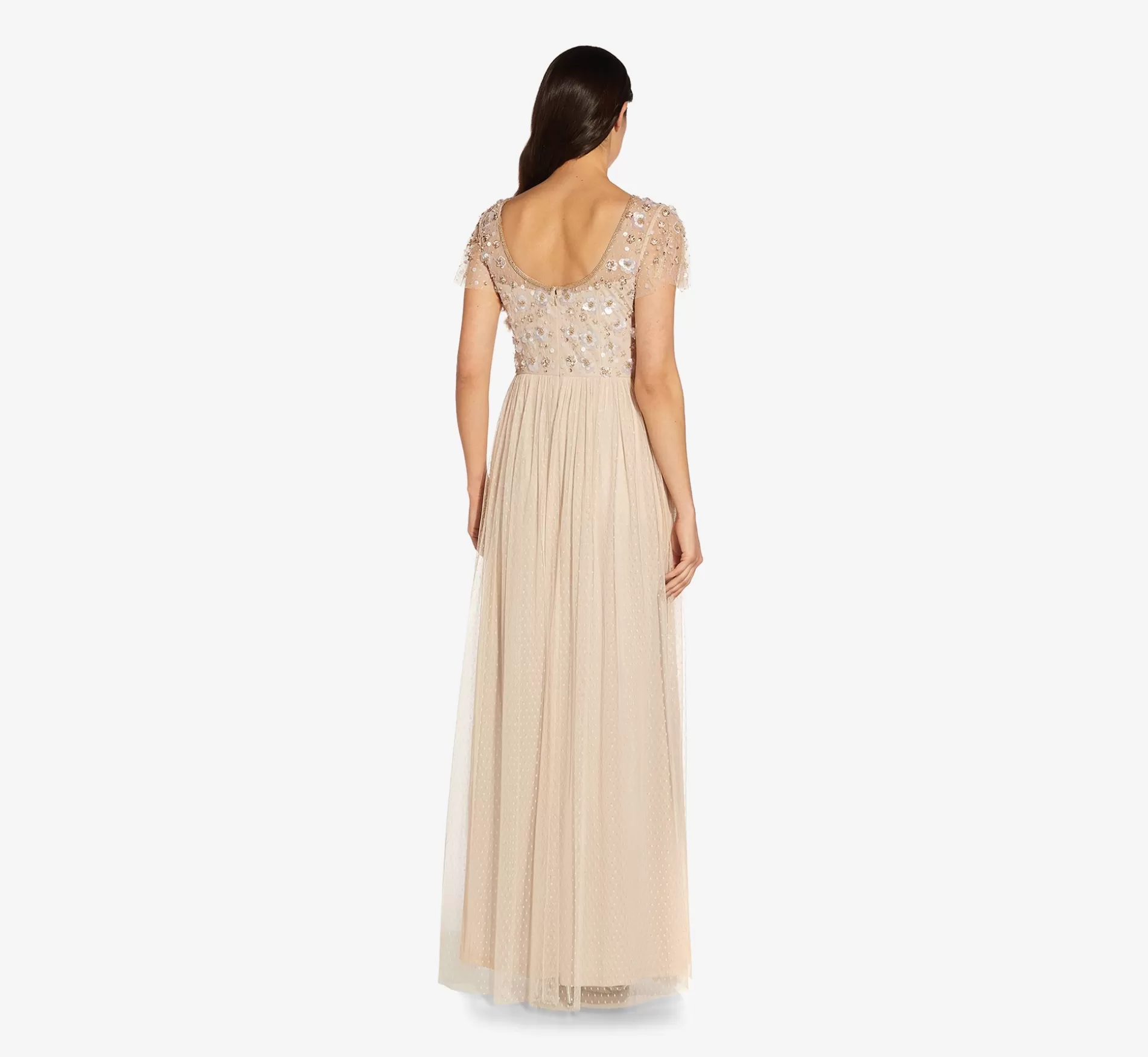 Cheap Floral 3D Hand-Beaded And Lace Illusion Long Gown In Biscotti Long Dresses | Beaded