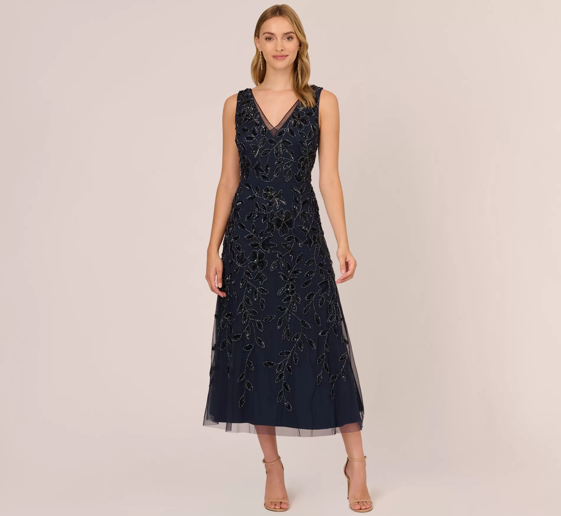 Fashion Floral Beaded Ankle Length Sleeveless Gown In Navy Best Sellers | Beaded