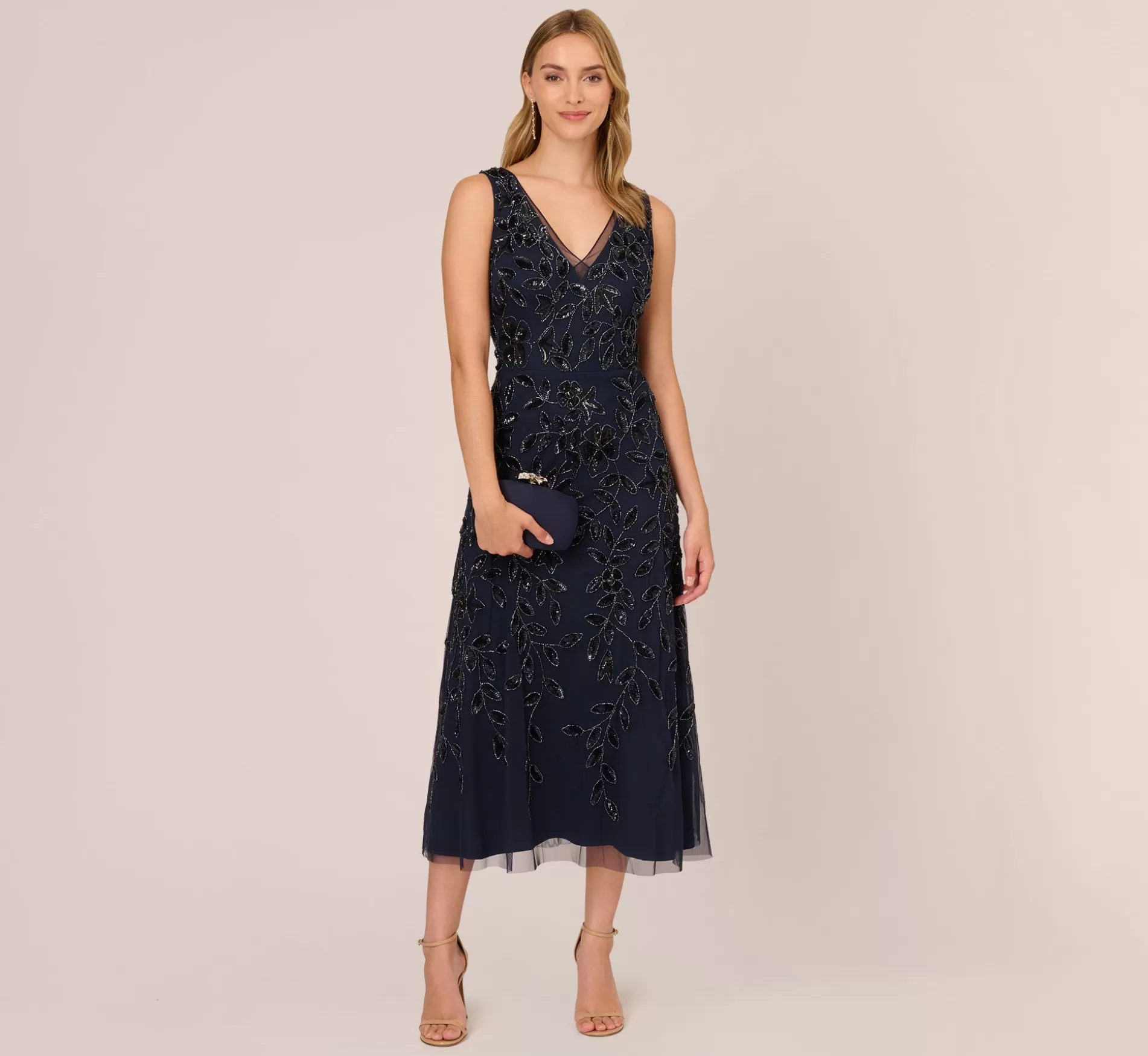 Fashion Floral Beaded Ankle Length Sleeveless Gown In Navy Best Sellers | Beaded