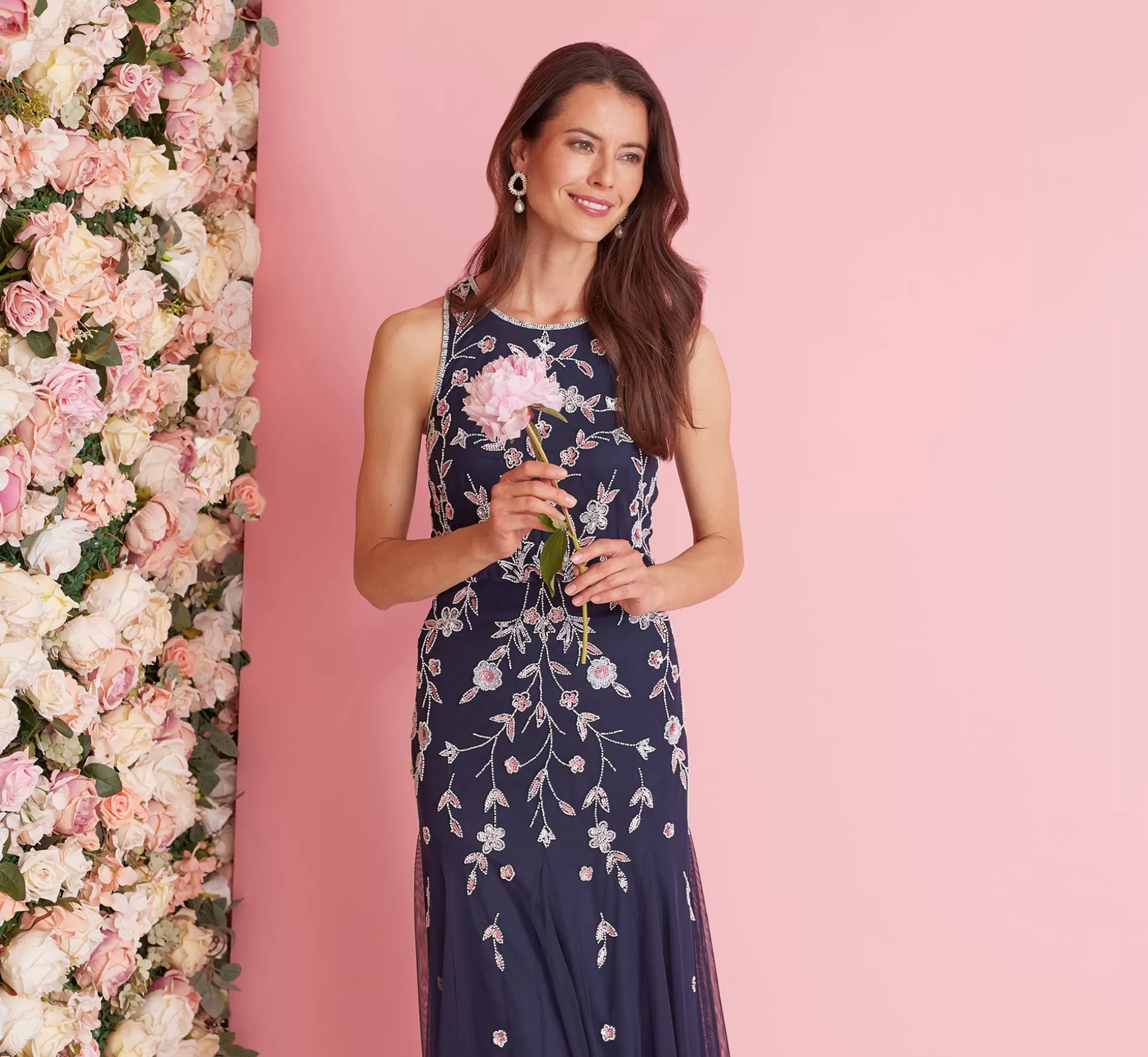Best Floral Beaded Blouson Tea Length Dress In Navy Blush Beaded | Black Tie
