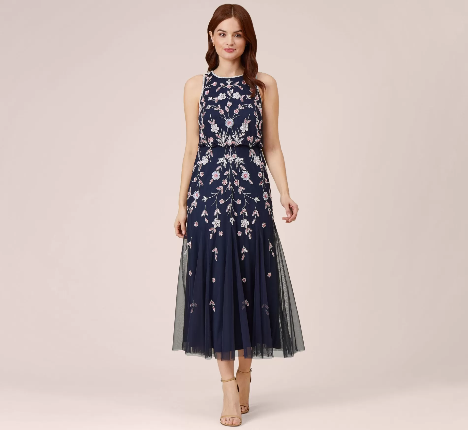 Best Floral Beaded Blouson Tea Length Dress In Navy Blush Beaded | Black Tie