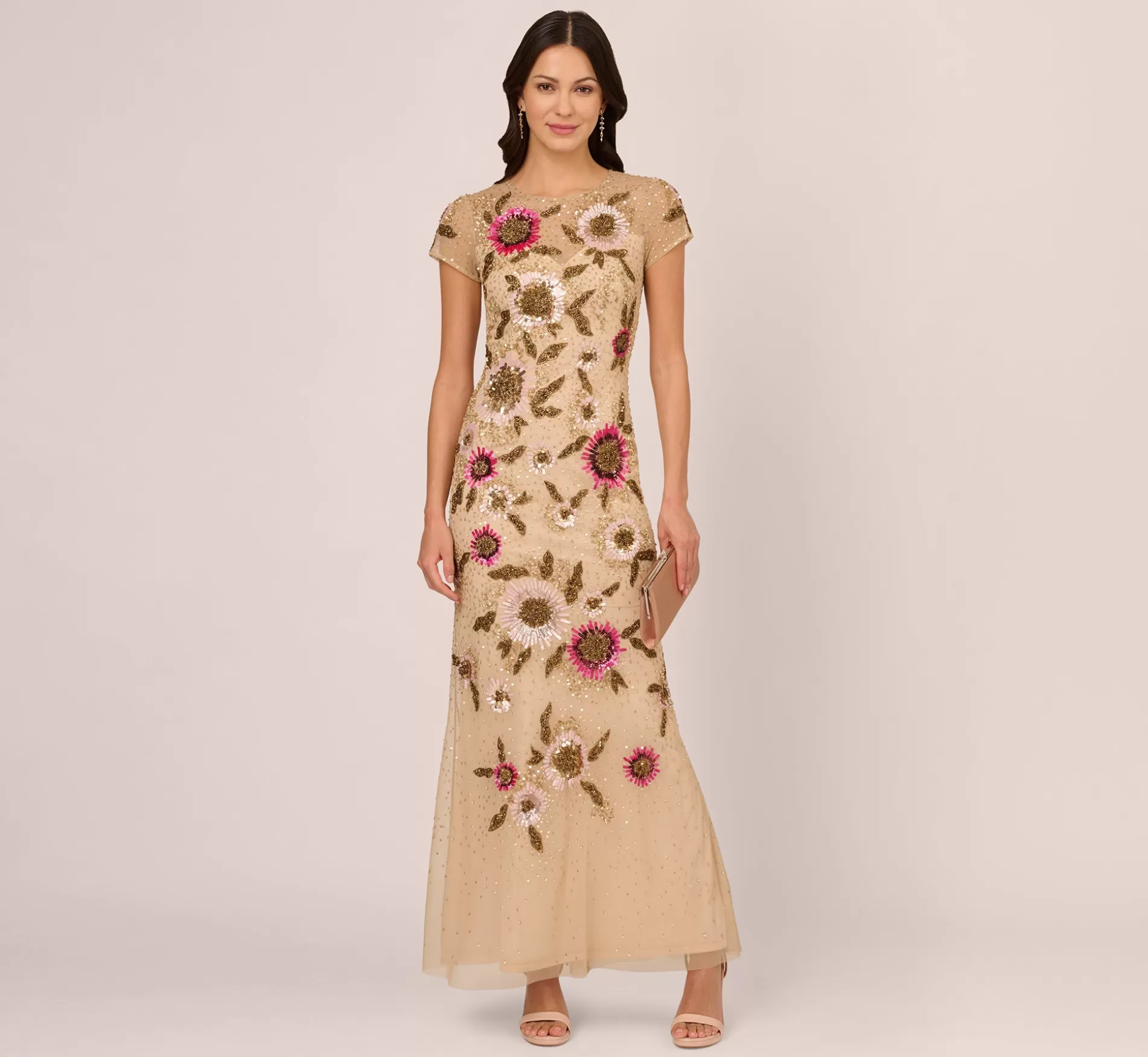 Clearance Floral Beaded Mermaid Gown With Illusion Neck And Short Sleeves In Nude Multi Best Sellers | Beaded