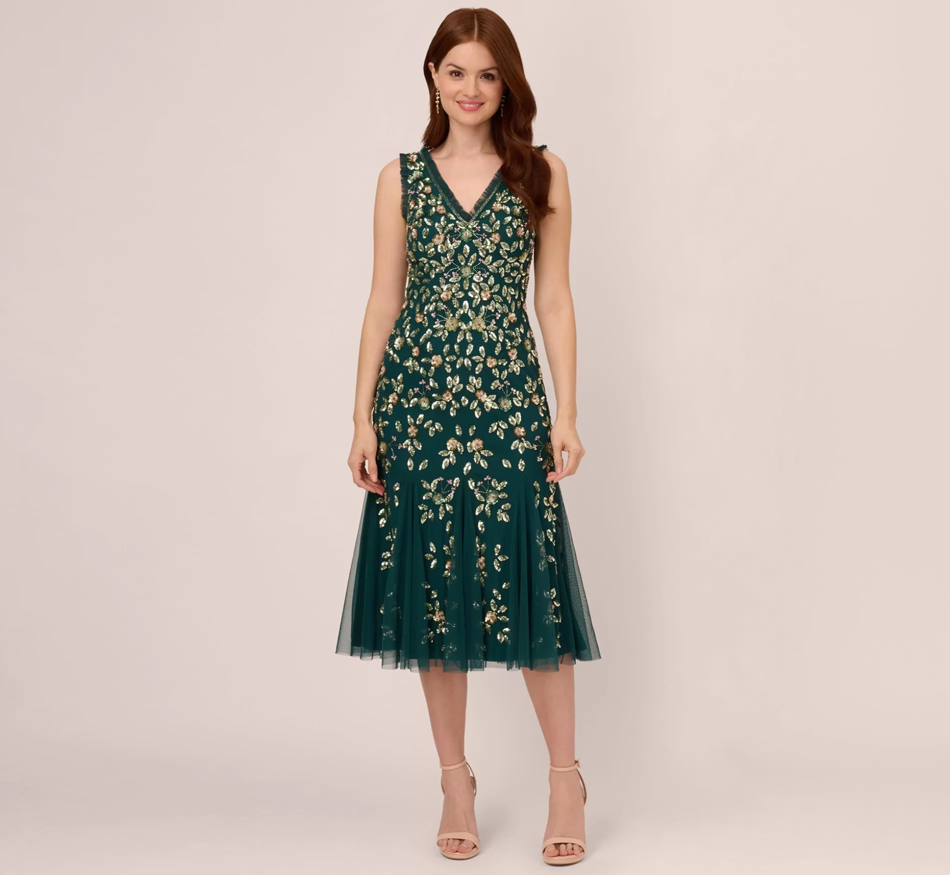 Clearance Floral Beaded Midi Dress With Godet Skirt In Gem Green Best Sellers | Beaded